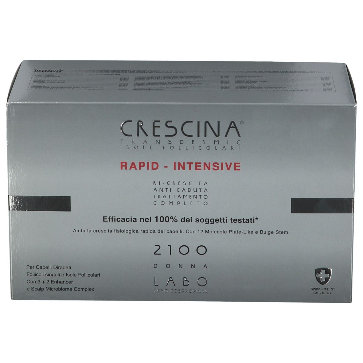 Silberne Schachtel mit Produktaufdruck. Schriftzug: Crescina Rapid-Intensive 2100 für Frauen. Schweizer Kreuz.