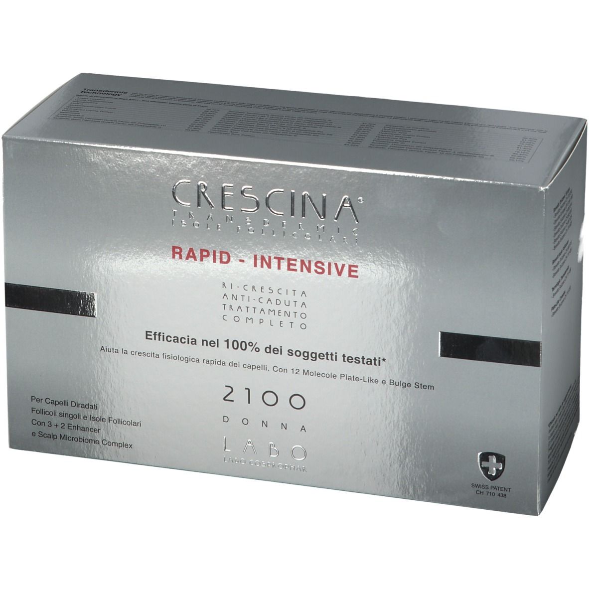 Silberne Schachtel mit Produktaufdruck. Schriftzug: Crescina Rapid-Intensive 2100 für Frauen. Schweizer Kreuz.