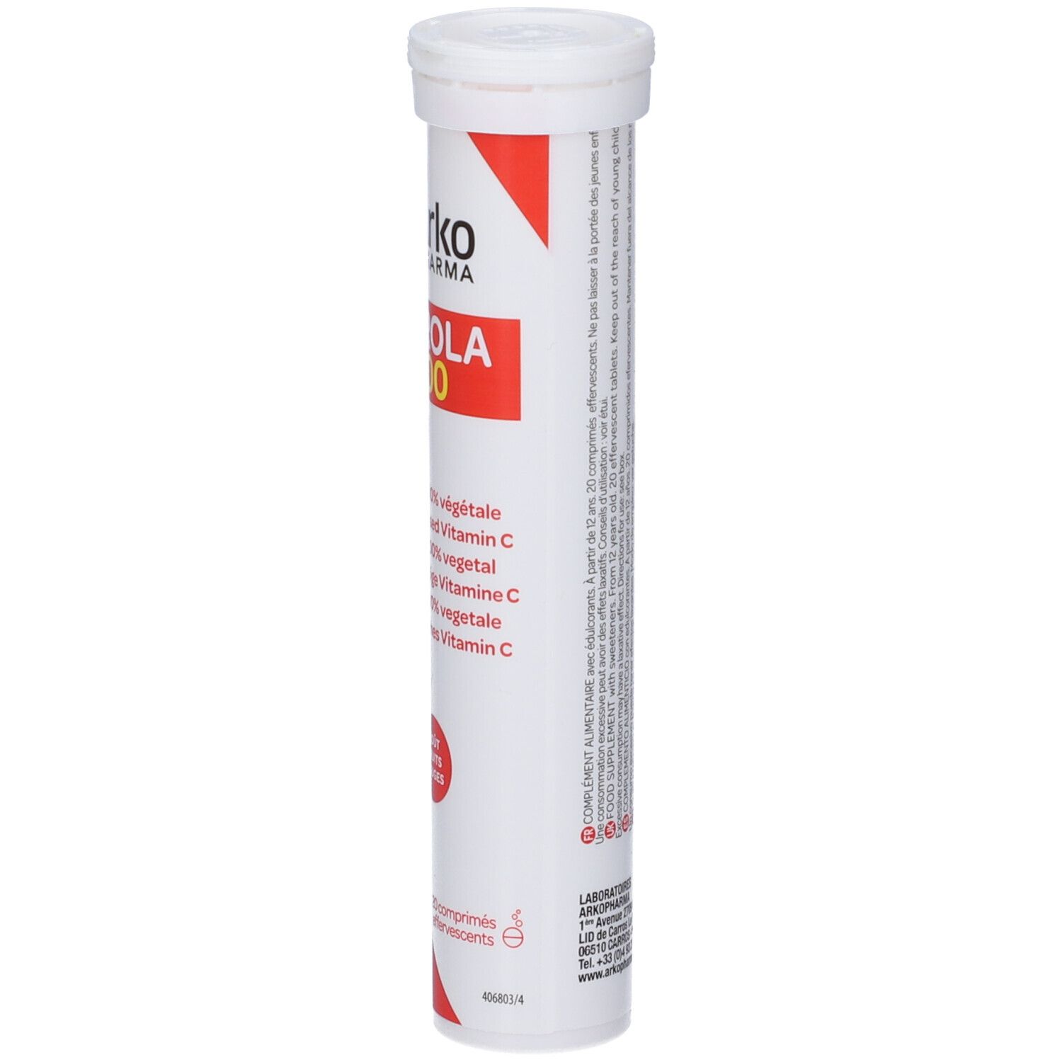 Zylindrische weiße Verpackung mit rotem Streifen. Text: Acerola 1000, Vitamin C. Aufschrift: 100% pflanzlich.