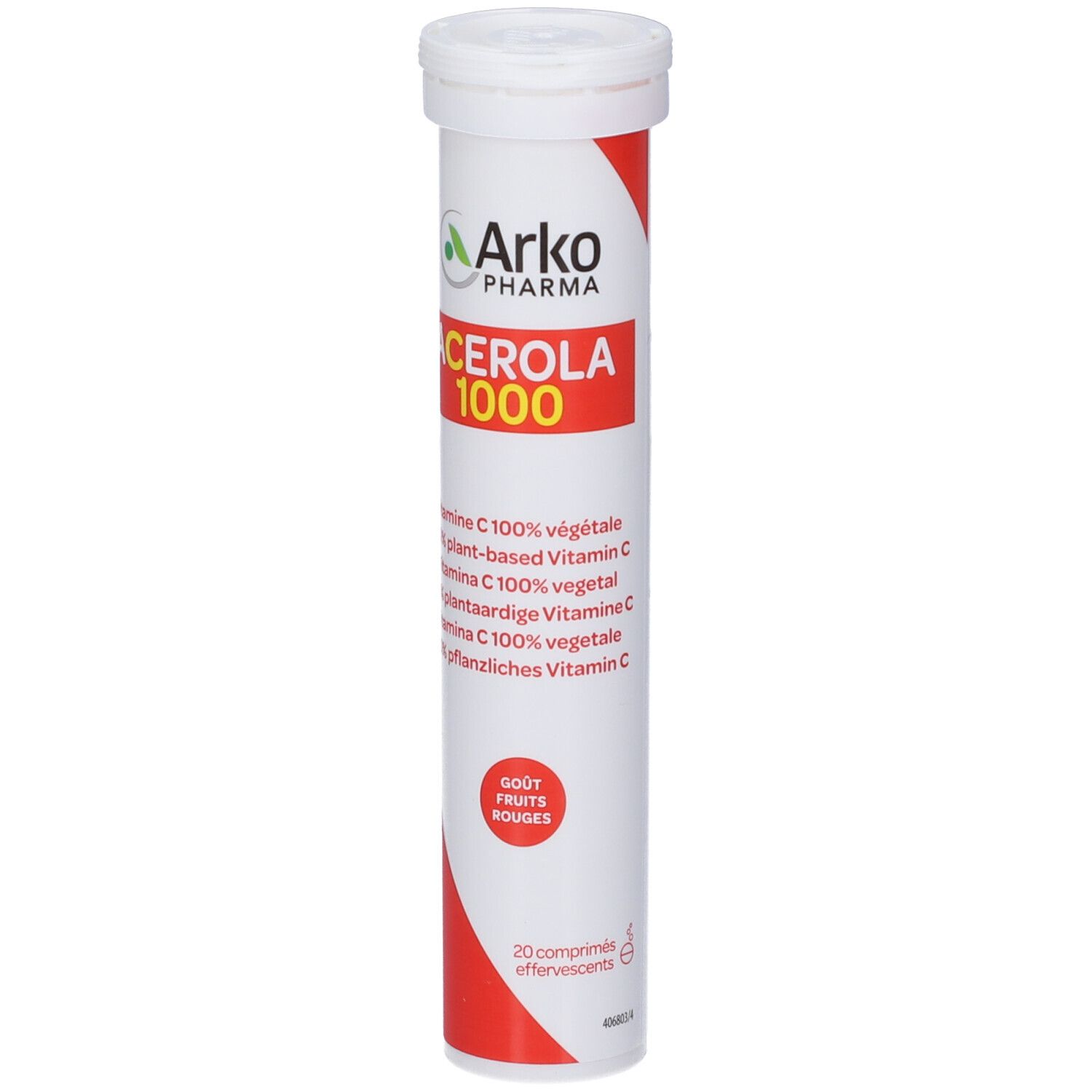 Weiße zylindrische Verpackung mit rotem Streifen. Text: Arko Pharma, Acerola 1000. Aufschrift: 100% pflanzlich.
