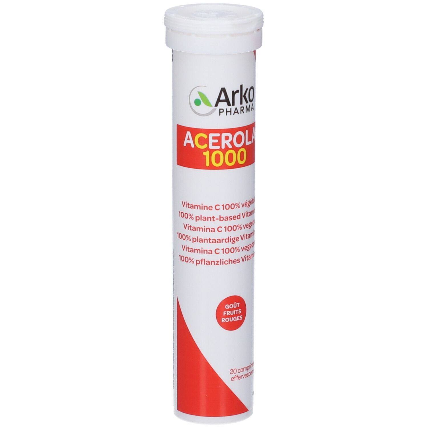 Weiße zylindrische Verpackung mit rotem Streifen. Text: Arko Pharma, Acerola 1000. Aufschrift: 100% pflanzlich.