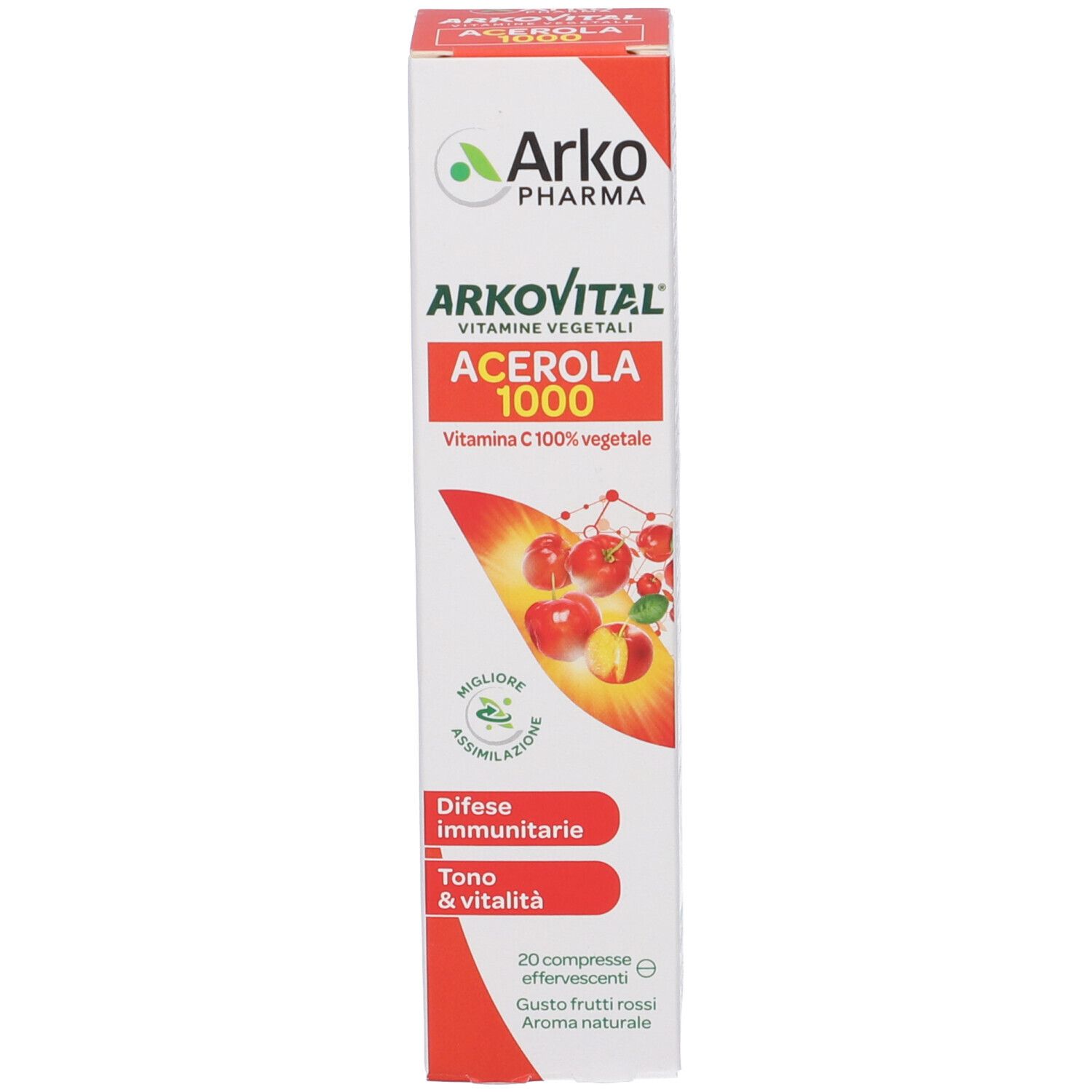 Produktverpackung. Weiß, rot, mit Text und Logo. Zeigt Acerola 1000. Enthält Text über Immunsystem und Vitalität.