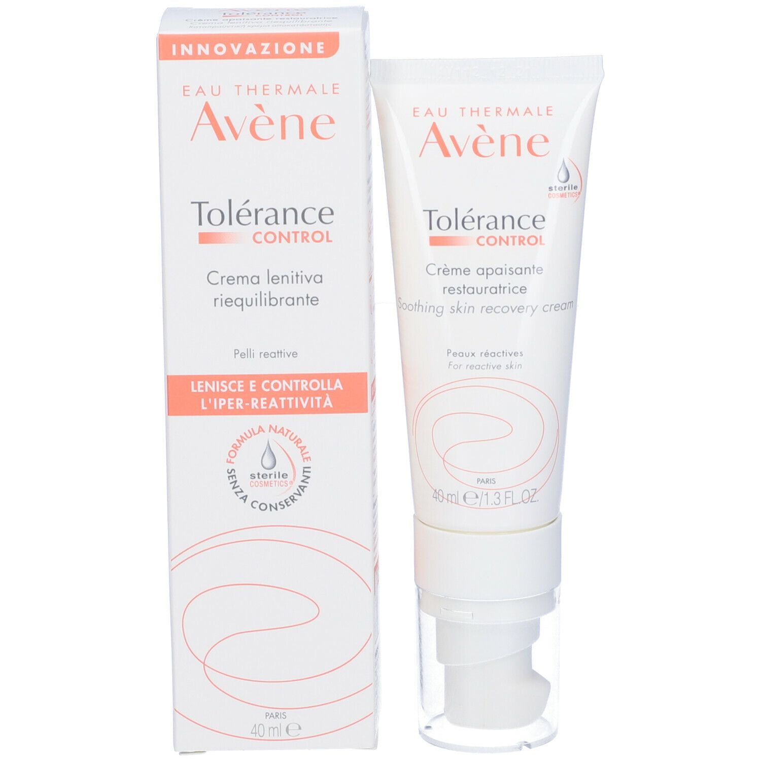 Confezione del prodotto e tubo affiancati. Scatola bianca con nome del prodotto e marchio. Contiene 40 ml.