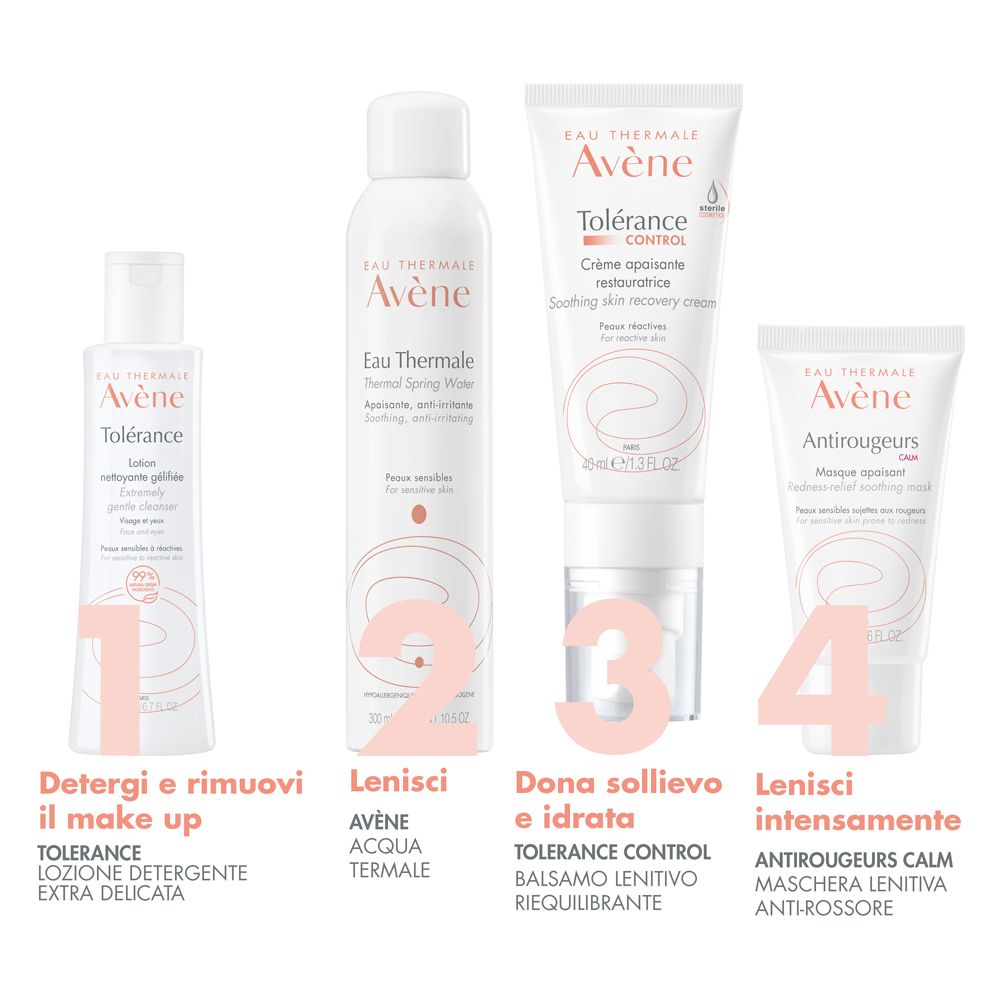 Quattro prodotti affiancati. I prodotti sono: lozione detergente, spray di acqua termale, crema e maschera.