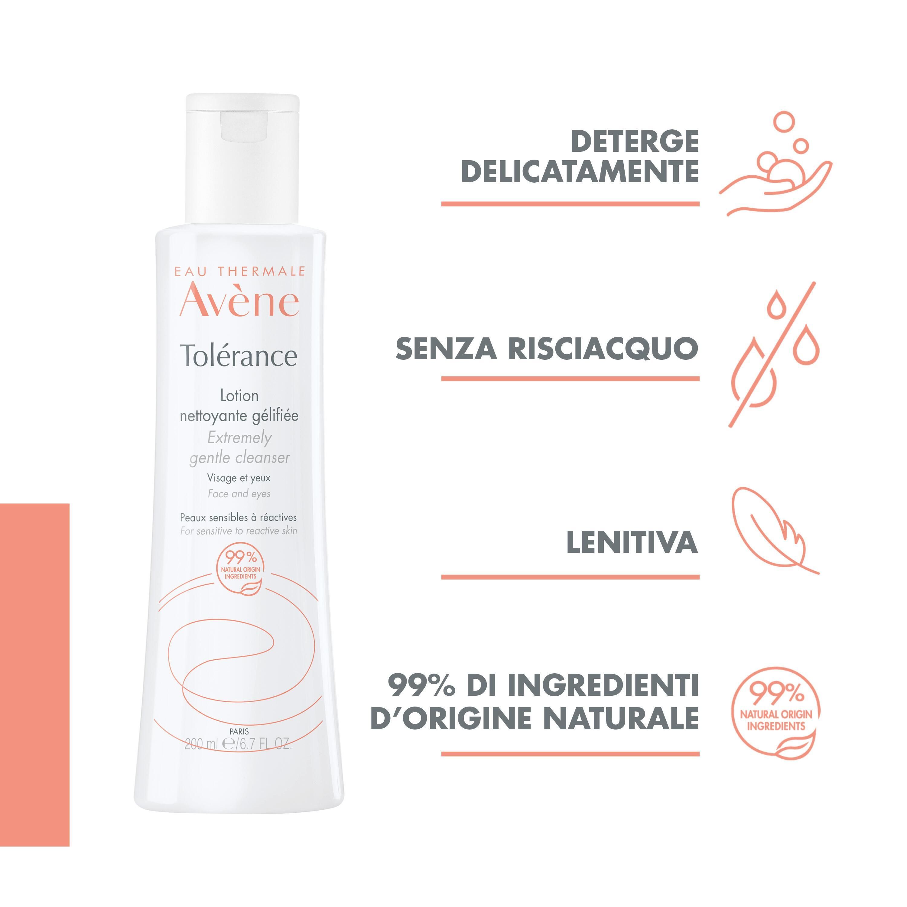 Flacone bianco con testo. Scritta: Avène Tolérance. 99% di ingredienti di origine naturale.