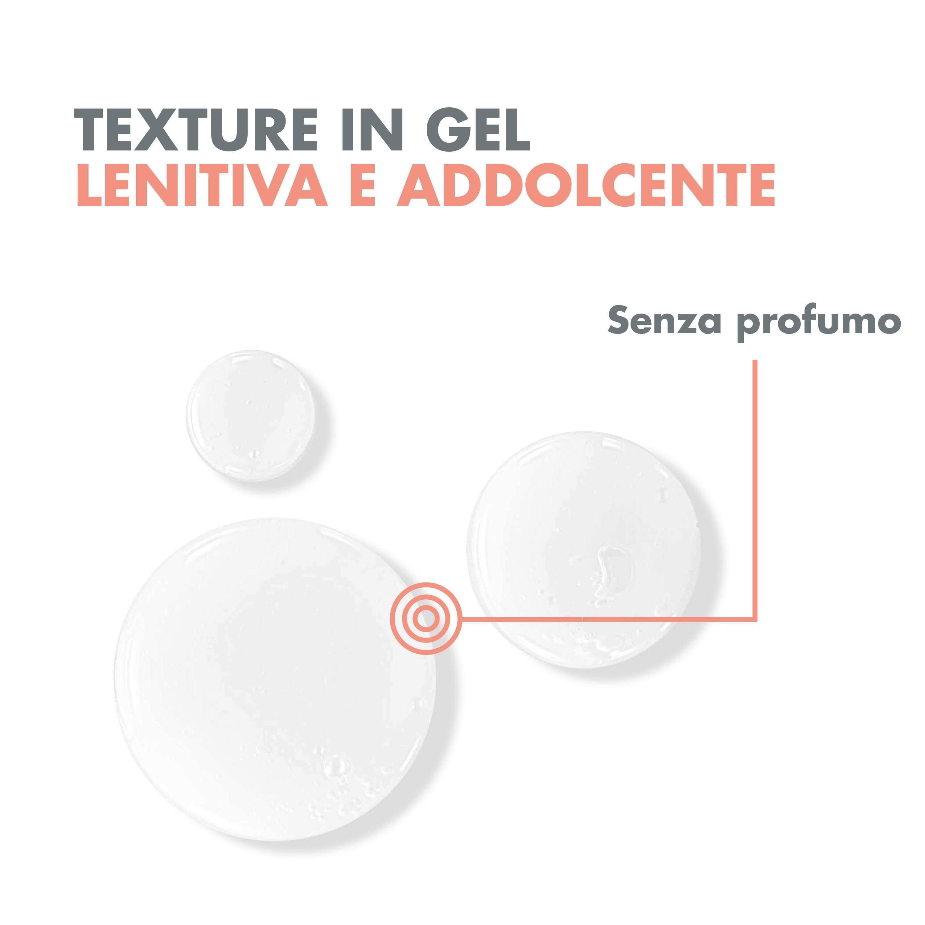 Primo piano di tre gocce. Testo: Texture in gel, lenitiva e addolcente. Senza profumo.