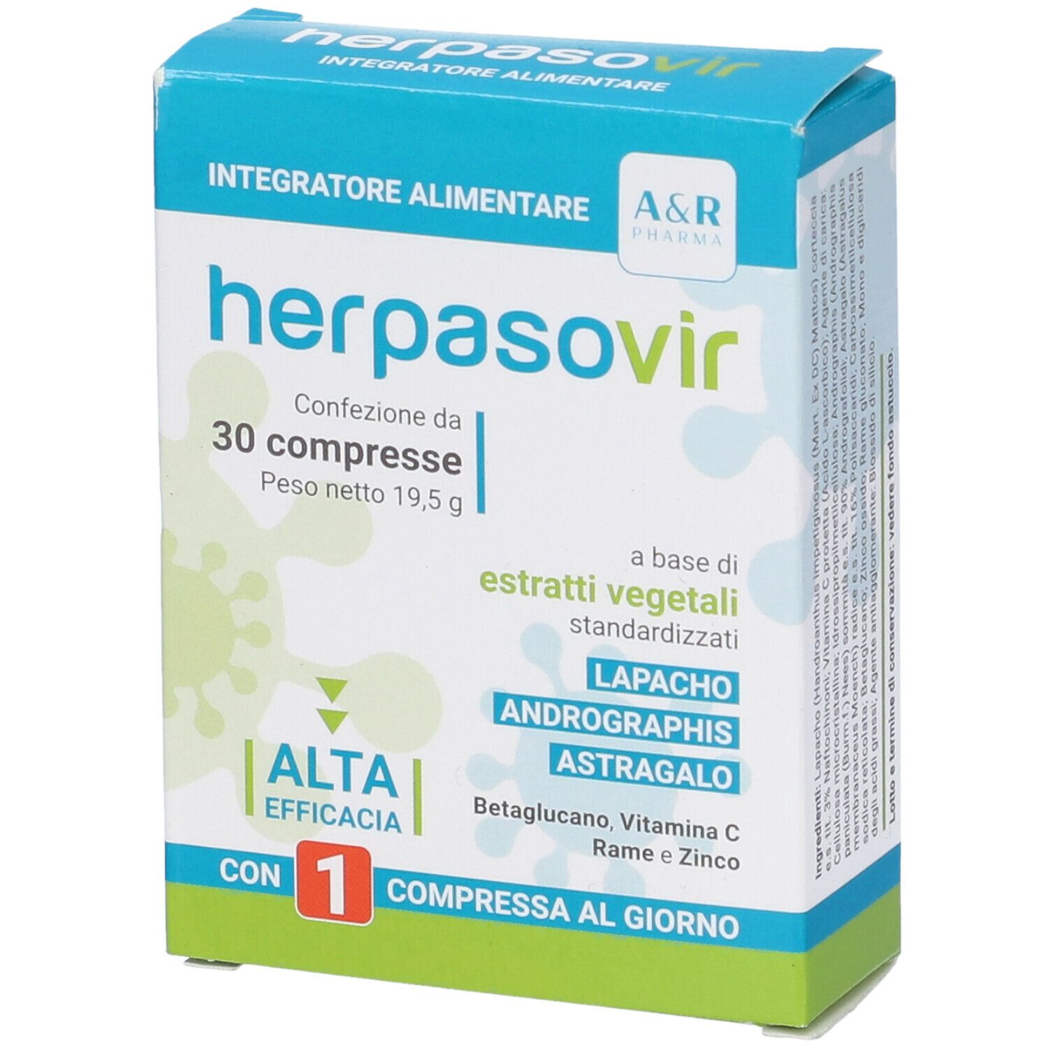 Scatola blu e bianca Herpasovir. Contiene 30 compresse. Logo e informazioni sugli ingredienti.