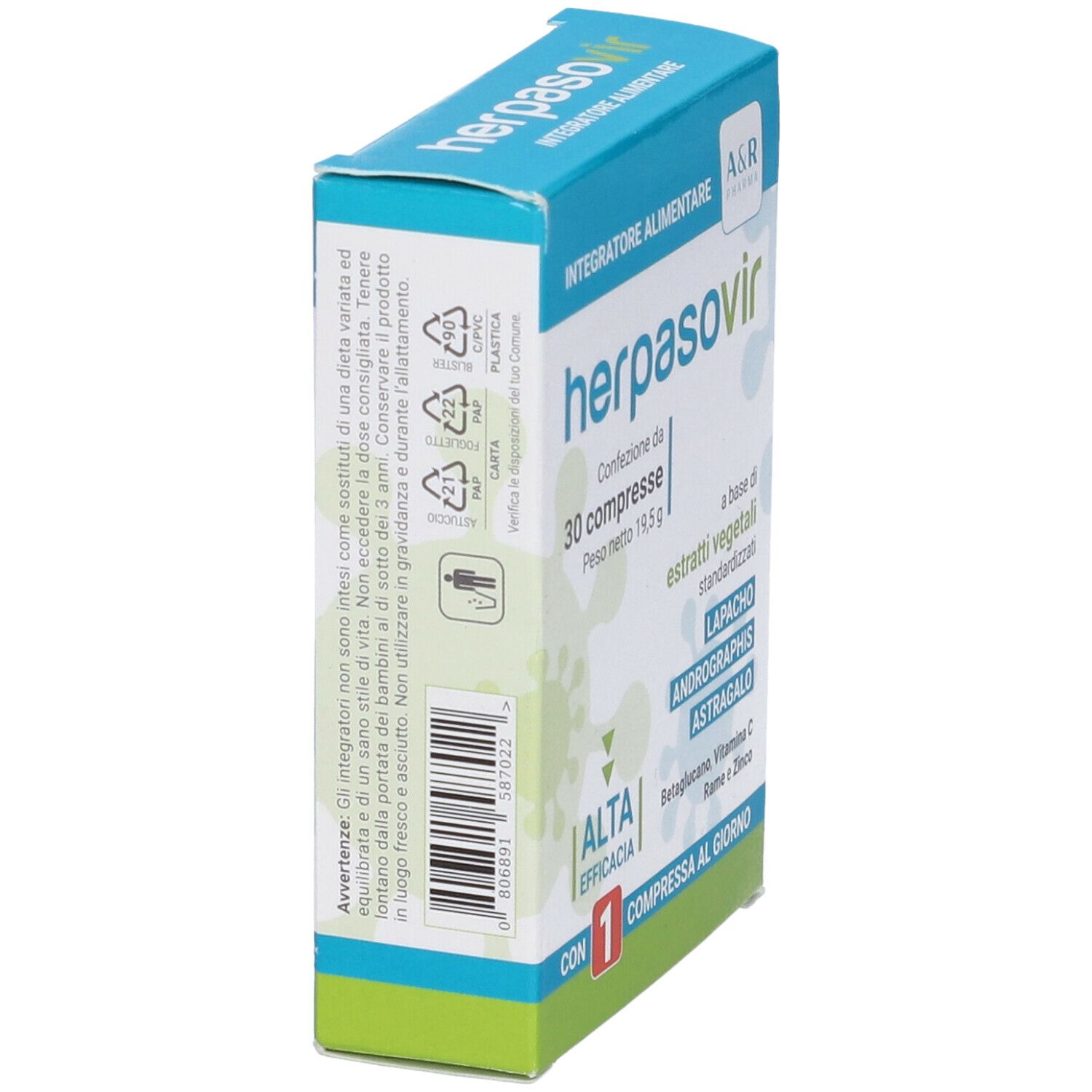 Scatola Herpasovir, vista obliqua. Contiene 30 compresse. Logo e informazioni sugli ingredienti.