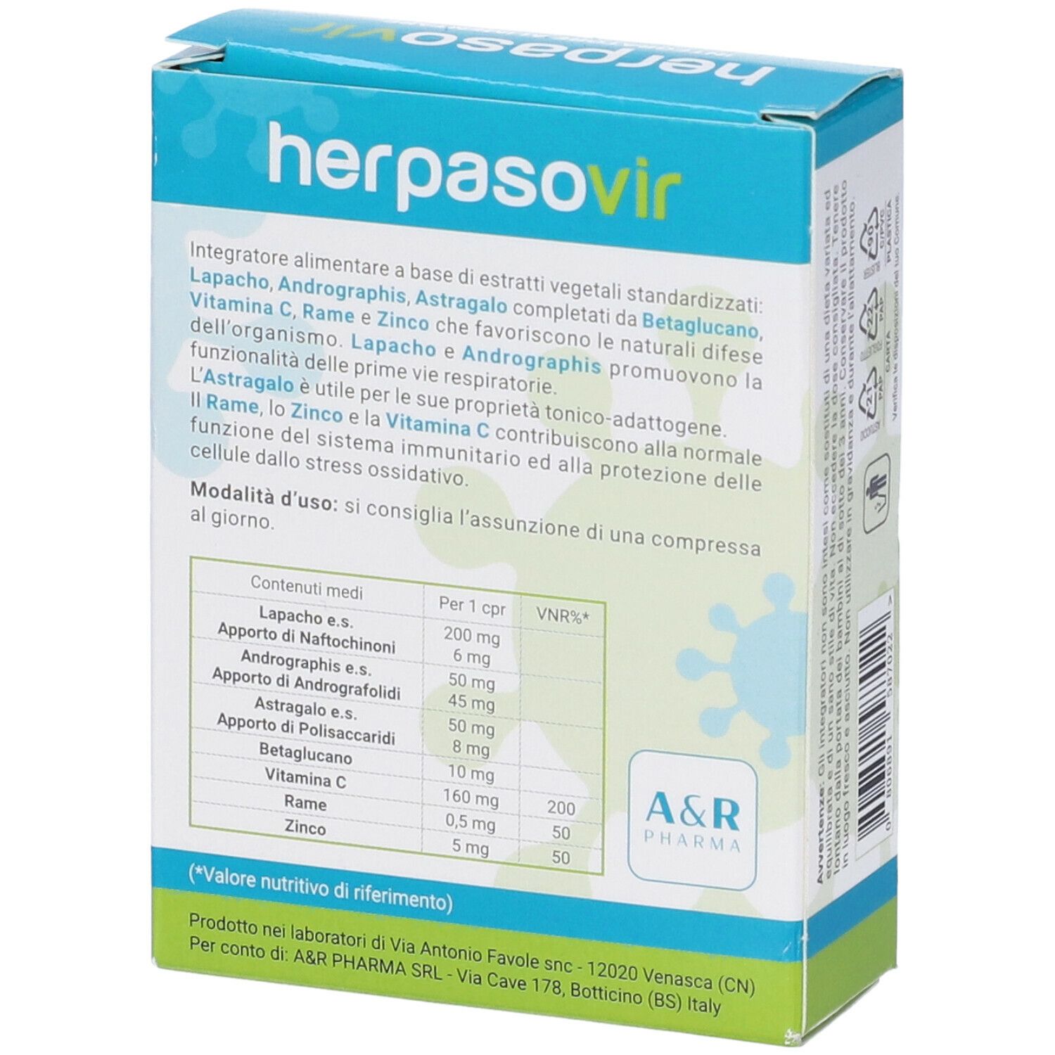 Retro della scatola Herpasovir. Contiene ingredienti e informazioni nutrizionali. Con logo.