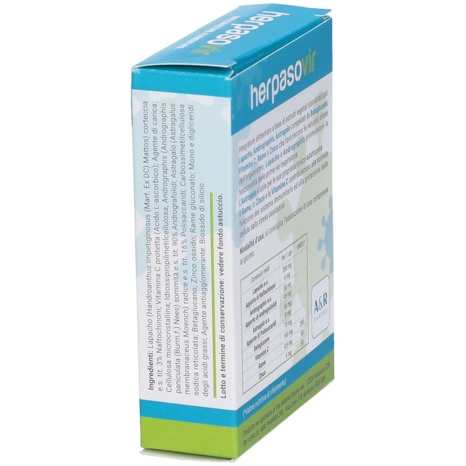 Vista laterale della scatola Herpasovir. Contiene ingredienti e informazioni nutrizionali. Con logo.