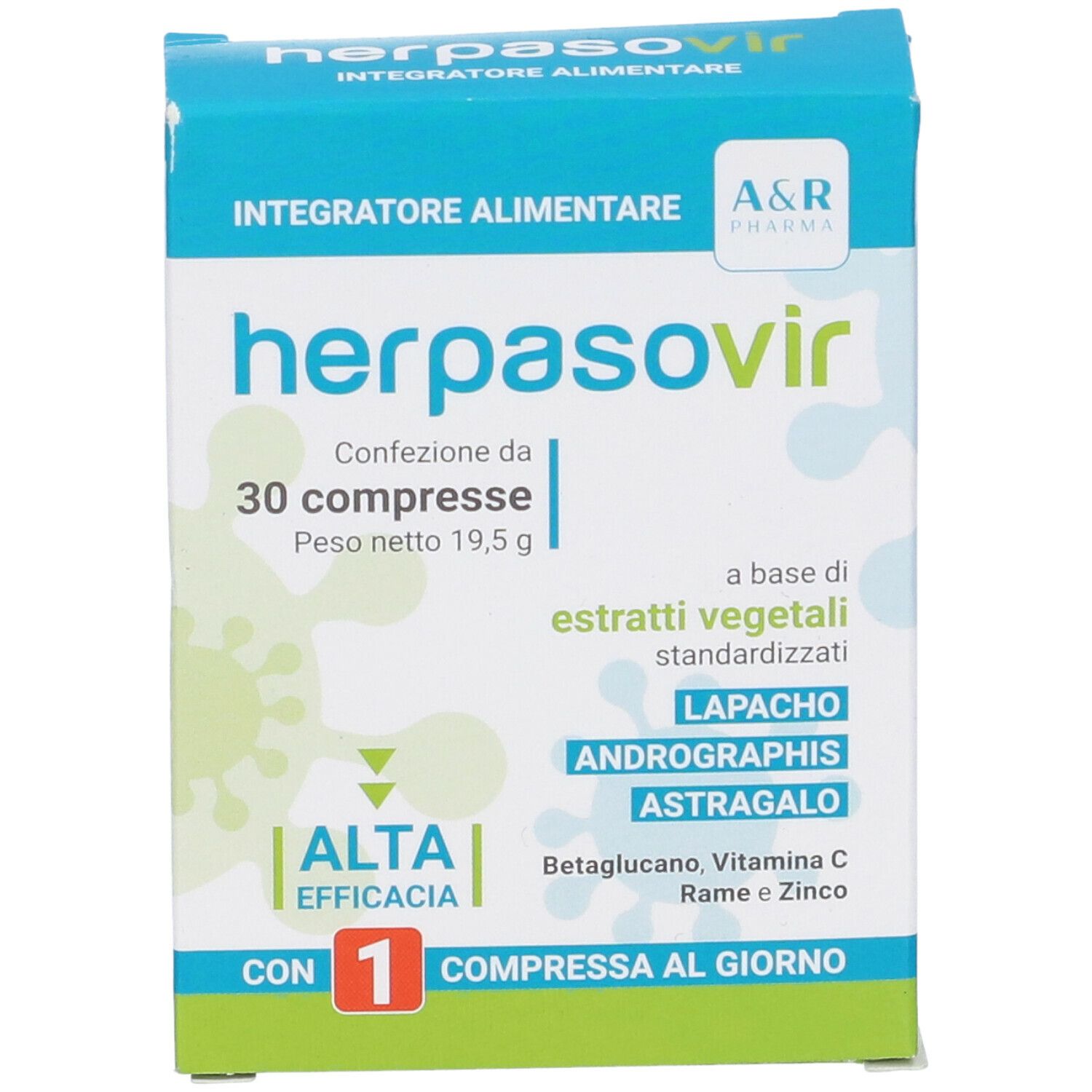 Scatola blu e bianca Herpasovir. Contiene 30 compresse. Logo e informazioni sugli ingredienti.