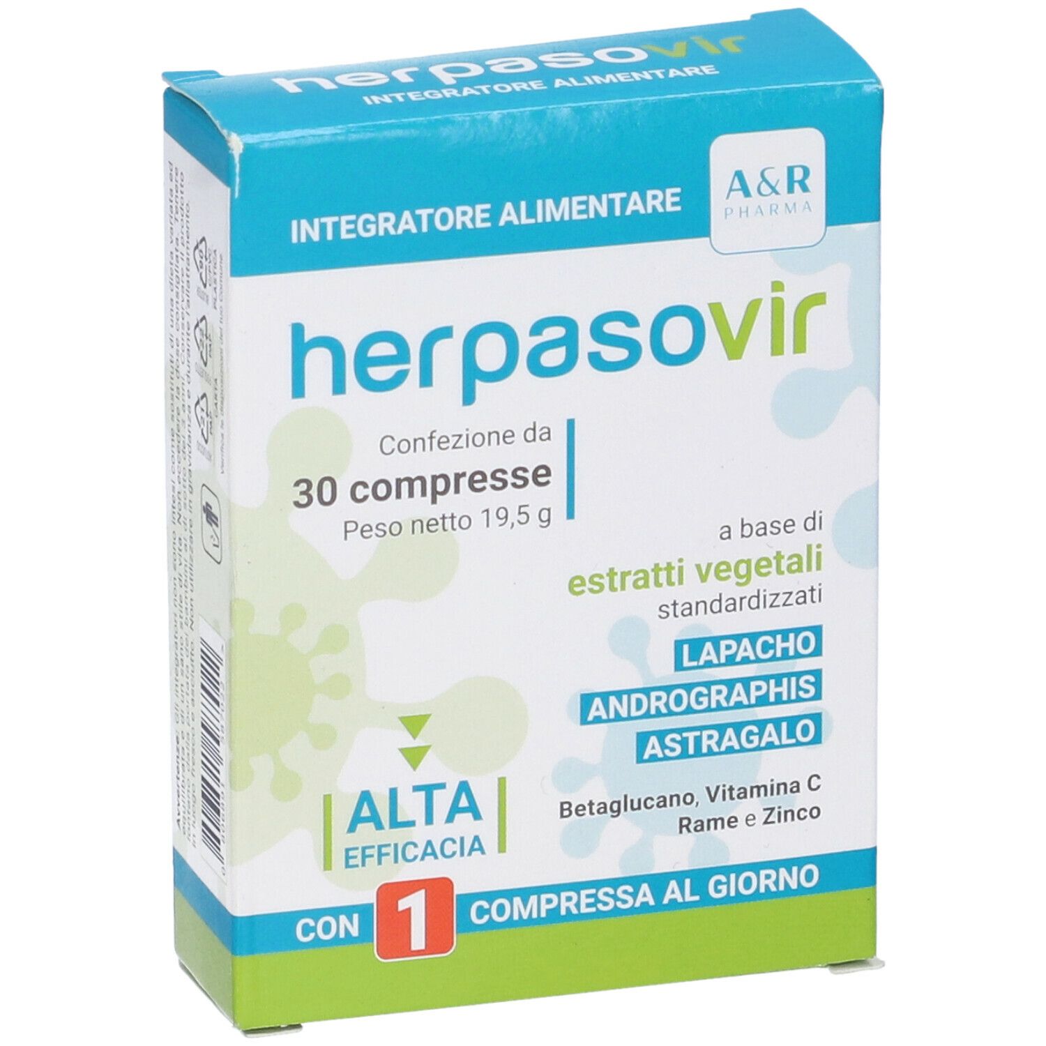 Scatola blu e bianca Herpasovir. Contiene 30 compresse. Logo e informazioni sugli ingredienti.
