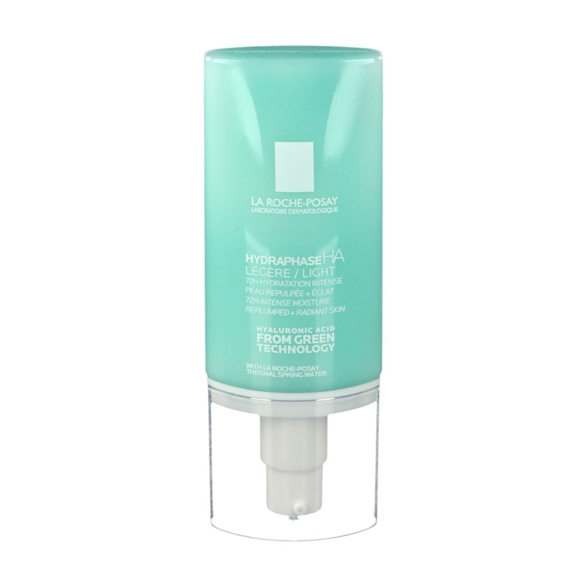 La Roche-Posay Hydraphase HA Legere/Light. Flacone verde e bianco con pompa. Testo e logo.