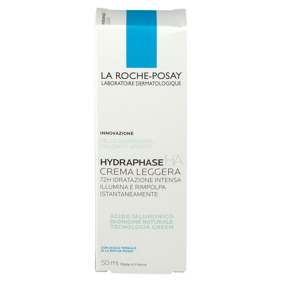 La Roche-Posay Hydraphase HA Leggera Crema. Confezione bianca con rettangolo blu. Testo.