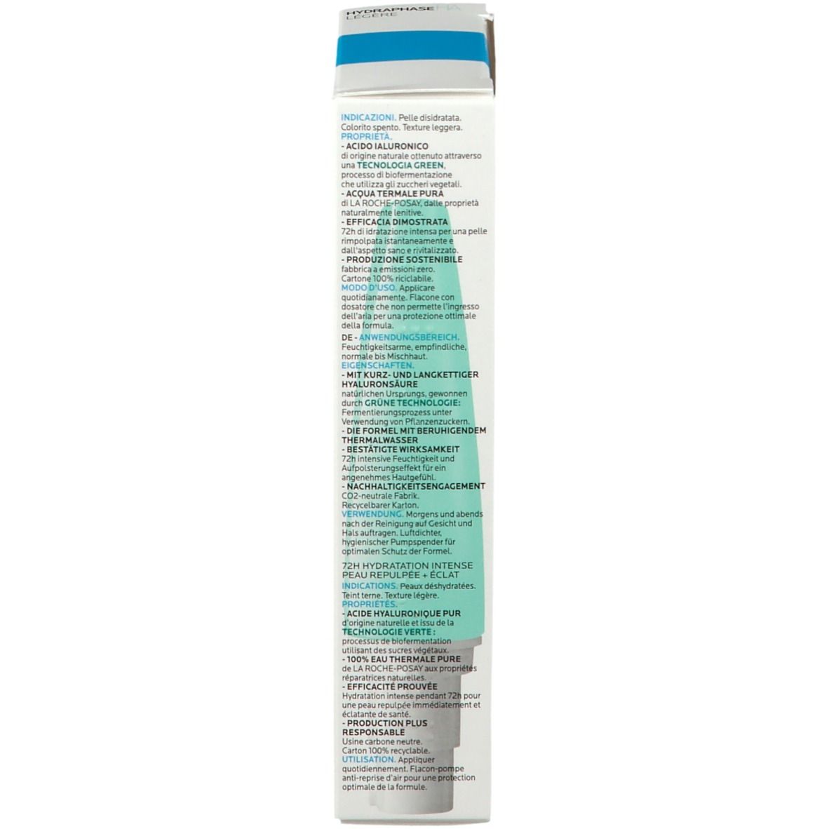 Lato della confezione La Roche-Posay Hydraphase HA Leggera. Testo e loghi.