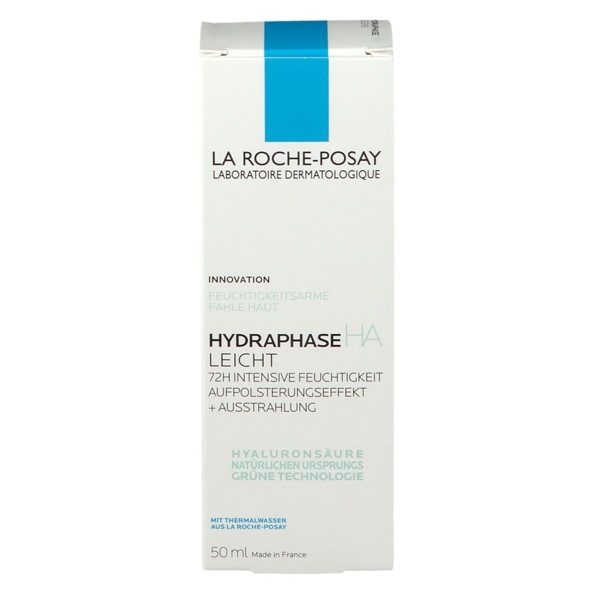 La Roche-Posay Hydraphase HA Light. Confezione bianca con rettangolo blu. Testo.