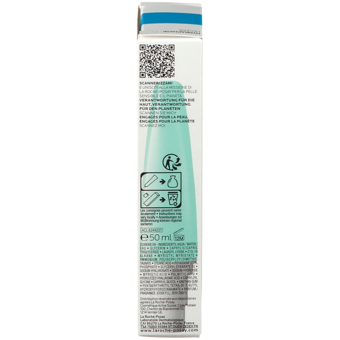 Lato della confezione La Roche-Posay Hydraphase HA Light. Testo, QR code e loghi.