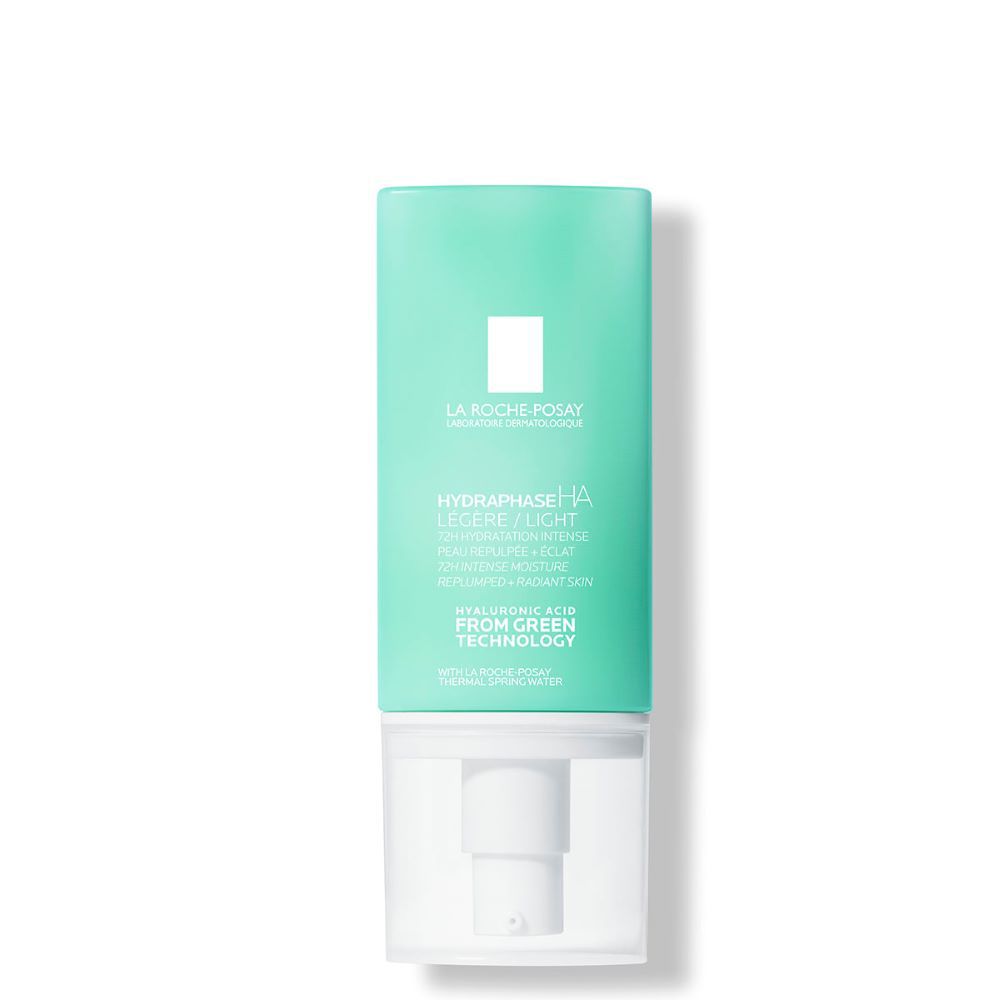 La Roche-Posay Hydraphase HA Leggera. Flacone verde e bianco con pompa. Logo e testo.