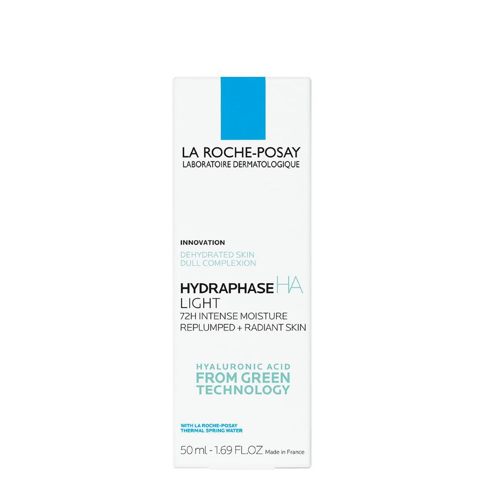La Roche-Posay Hydraphase HA Light. Confezione bianca con rettangolo blu. Testo e logo.