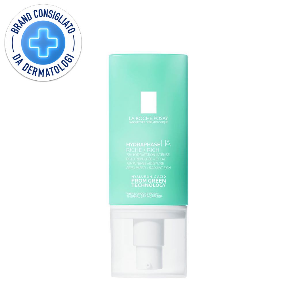 Flacone verde e bianco con pompa. Scritta: La Roche-Posay, Hydraphase HA. Logo: Brand Consigliato da Dermatologi.
