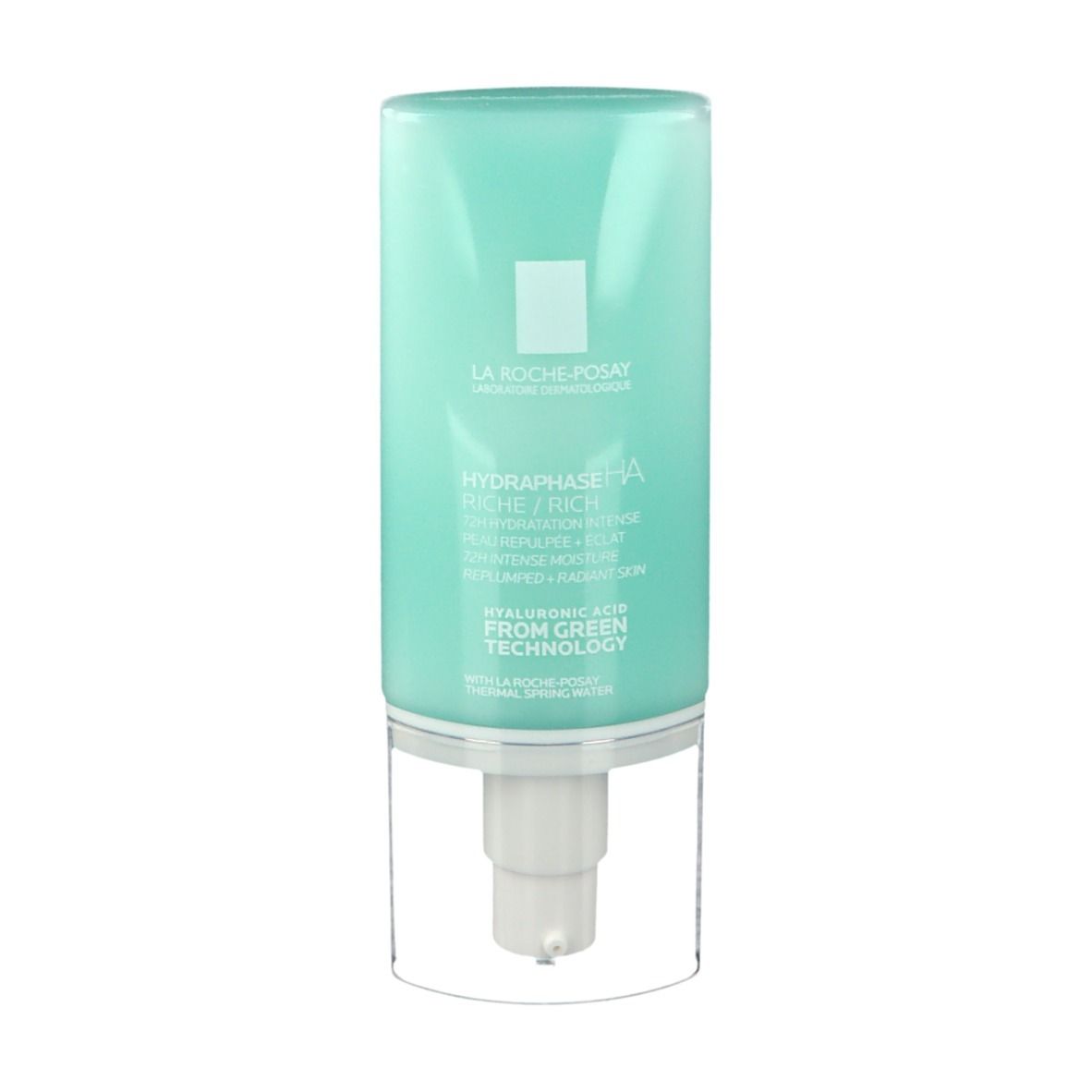 Flacone verde e bianco con pompa. Scritta: La Roche-Posay, Hydraphase HA. Prodotto per la pelle.