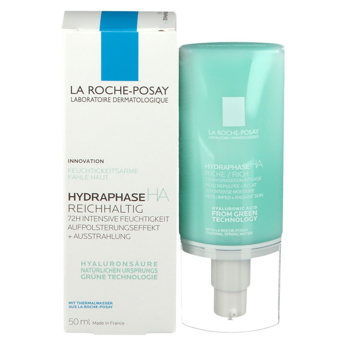 Prodotto per la cura della pelle e confezione. Scritta: La Roche-Posay, Hydraphase HA Ricca.