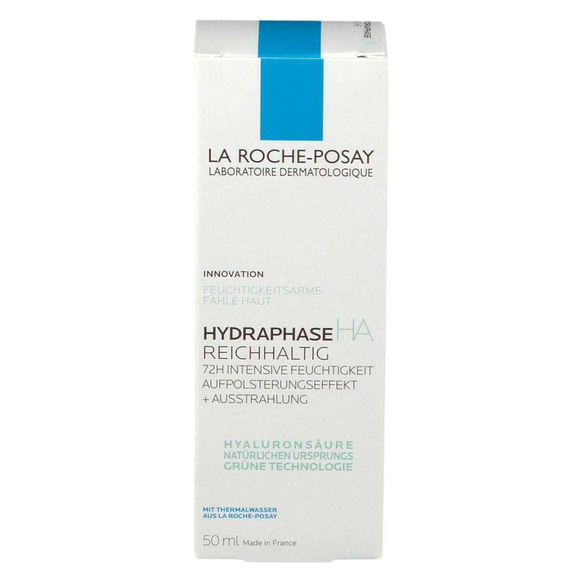 Confezione bianca con rettangolo blu. Scritta: La Roche-Posay, Hydraphase HA Ricca.