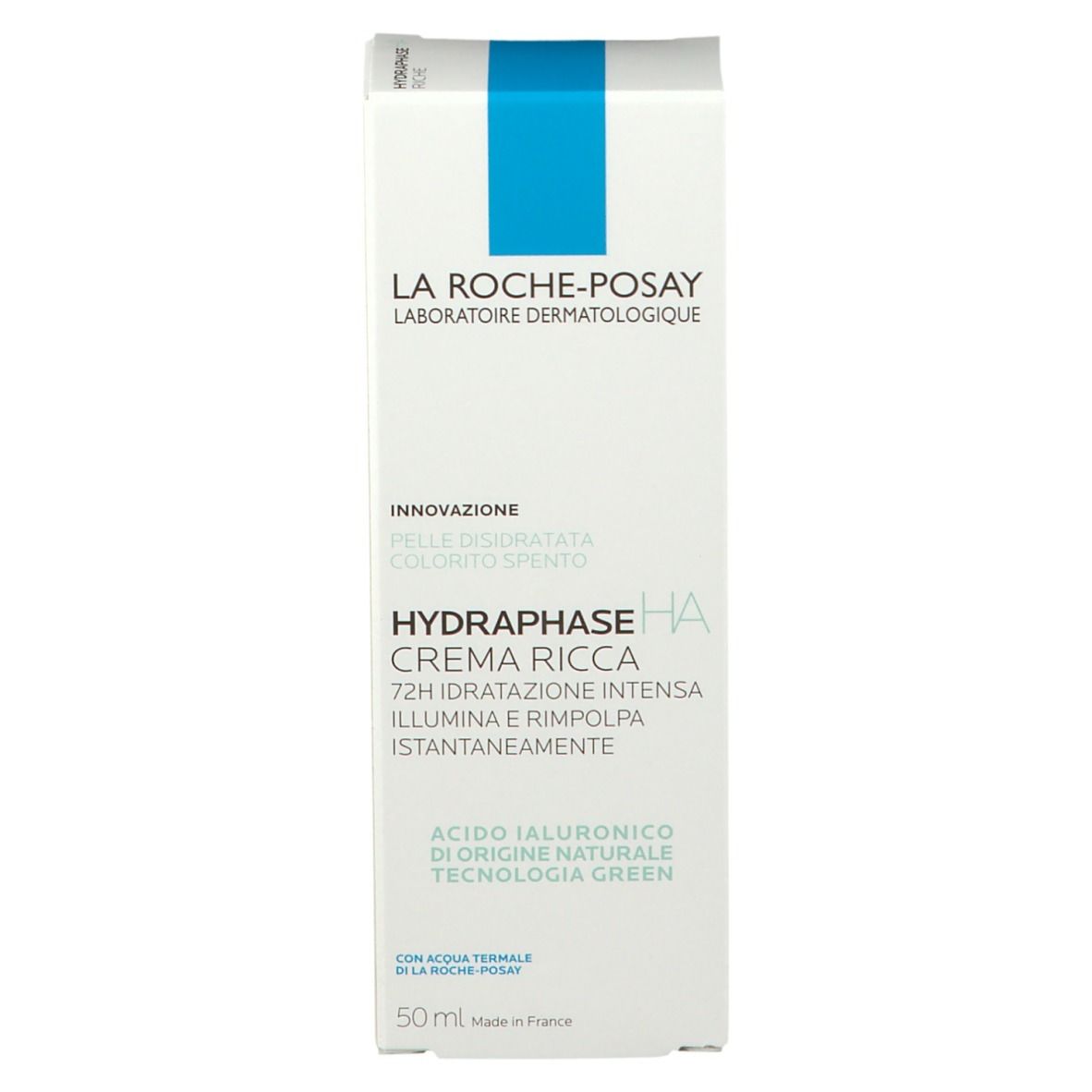 Confezione bianca con rettangolo blu. Scritta: La Roche-Posay, Hydraphase HA Crema Ricca.