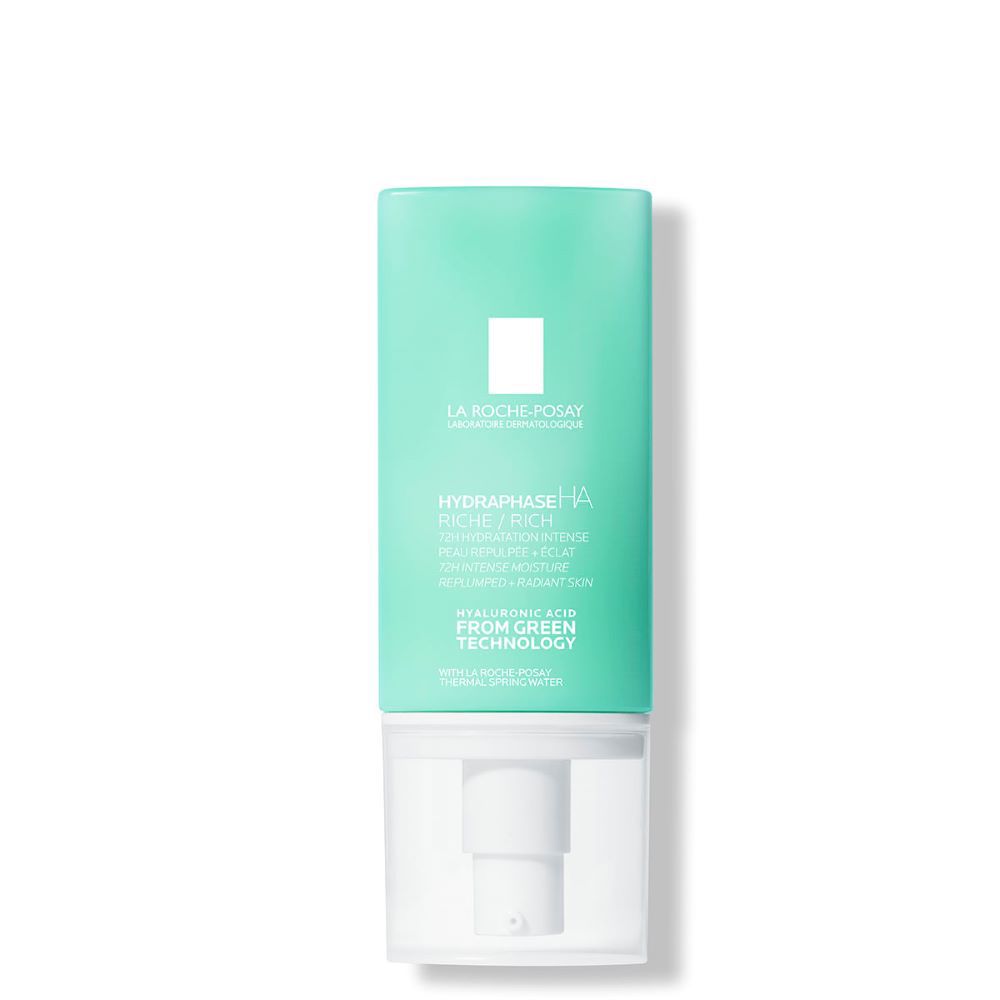 Flacone verde e bianco con pompa. Scritta: La Roche-Posay, Hydraphase HA.