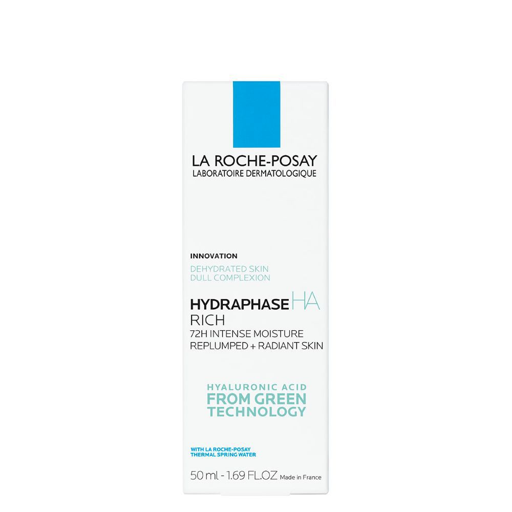 Confezione bianca con rettangolo blu. Scritta: La Roche-Posay, Hydraphase HA Rich. Testo sulla cura della pelle.