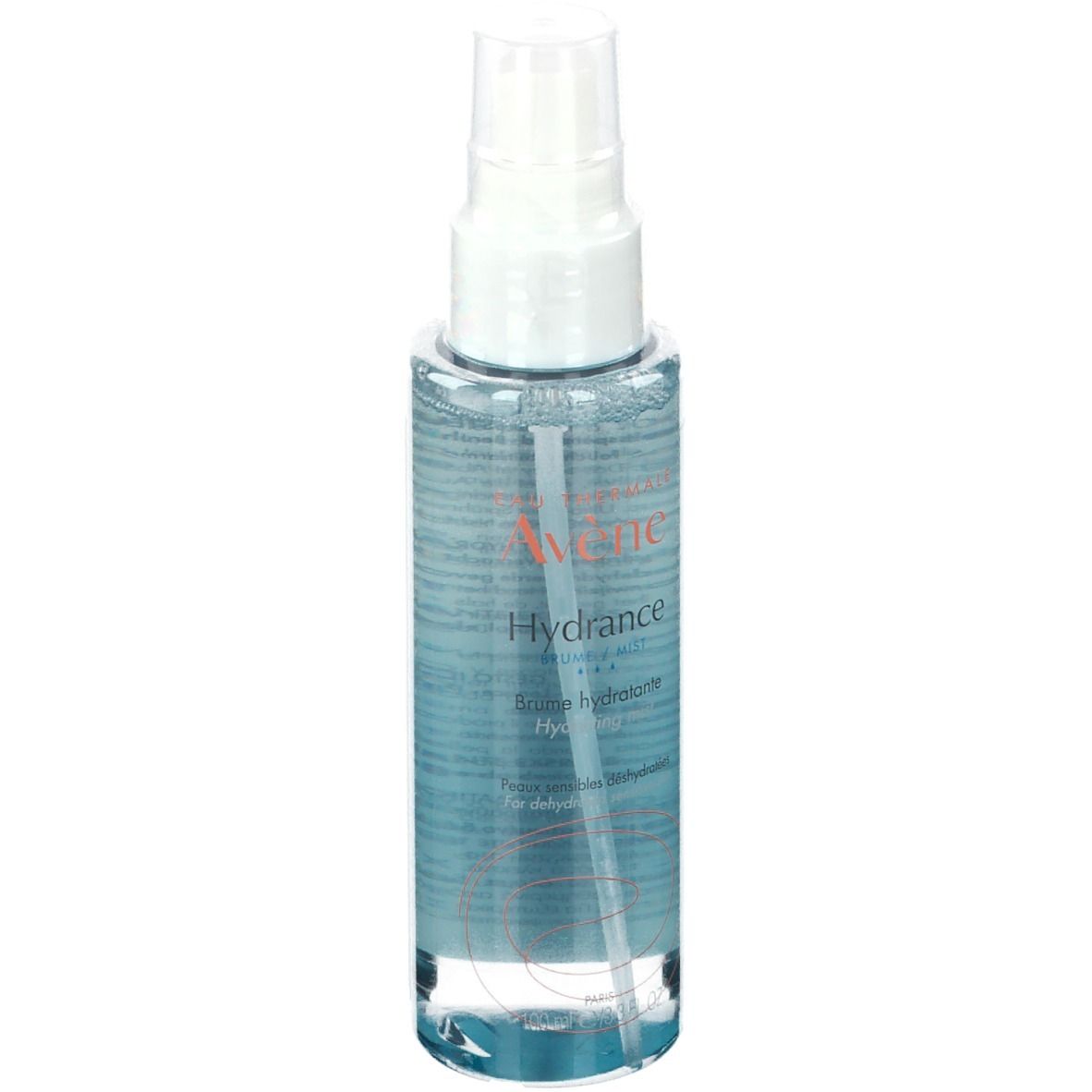 Flacone spray blu trasparente con erogatore bianco. Scritta: Eau Thermale Avène, Hydrance, Brume hydratante.