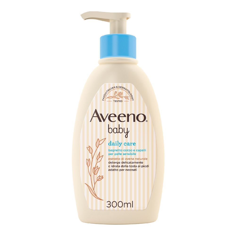 Flacone beige di Daily Care per bambini con erogatore blu. Scritta: Aveeno Baby Daily Care. Contiene 300ml.