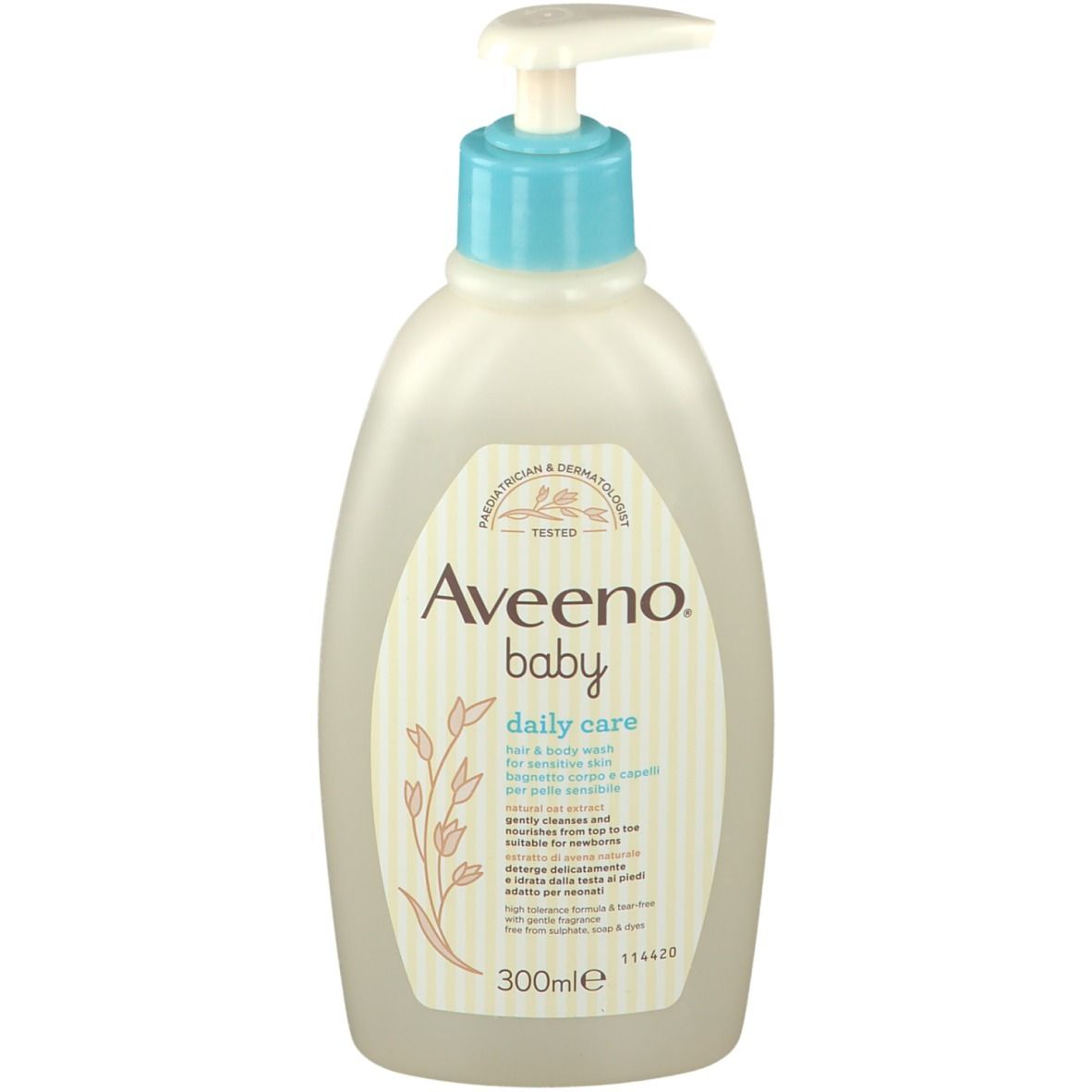 Flacone beige di Daily Care per bambini con erogatore blu. Scritta: Aveeno Baby Daily Care. Contiene 300ml.