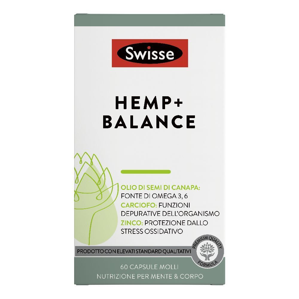 Scatola Swisse HEMP+ BALANCE. Scritta: 60 capsule molli. Confezione verde e bianca.