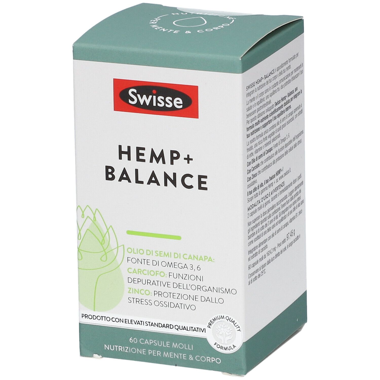 Scatola Swisse HEMP+ BALANCE. Scritta: 60 capsule molli. Confezione verde e bianca.