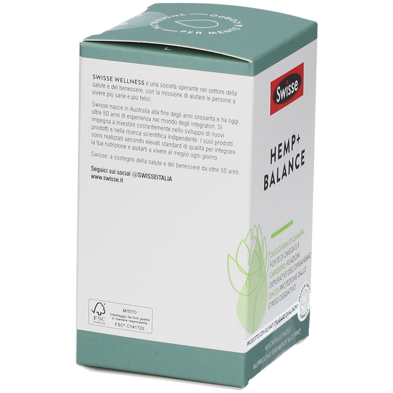 Retro della scatola Swisse HEMP+ BALANCE. Testo e ingredienti. Confezione verde e bianca.