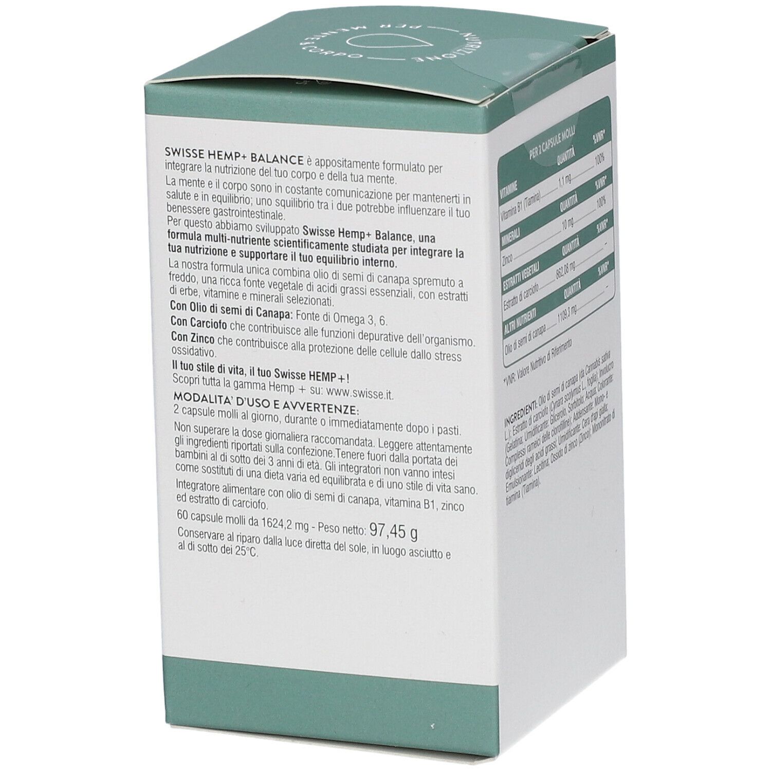Retro della scatola Swisse HEMP+ BALANCE. Testo e ingredienti. Confezione verde e bianca.