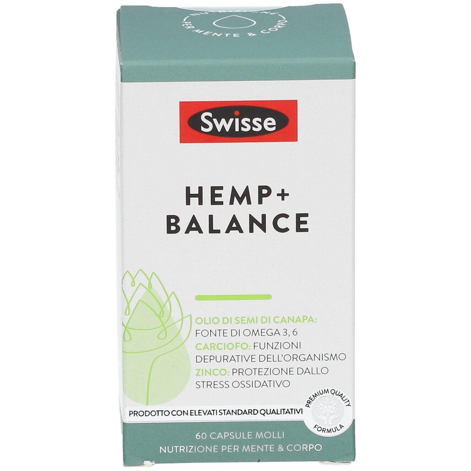 Scatola Swisse HEMP+ BALANCE. Scritta: 60 capsule molli. Confezione verde e bianca.