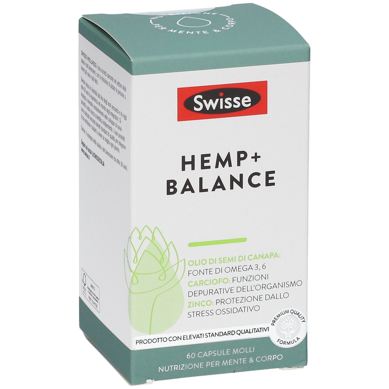 Scatola Swisse HEMP+ BALANCE. Scritta: 60 capsule molli. Confezione verde e bianca.
