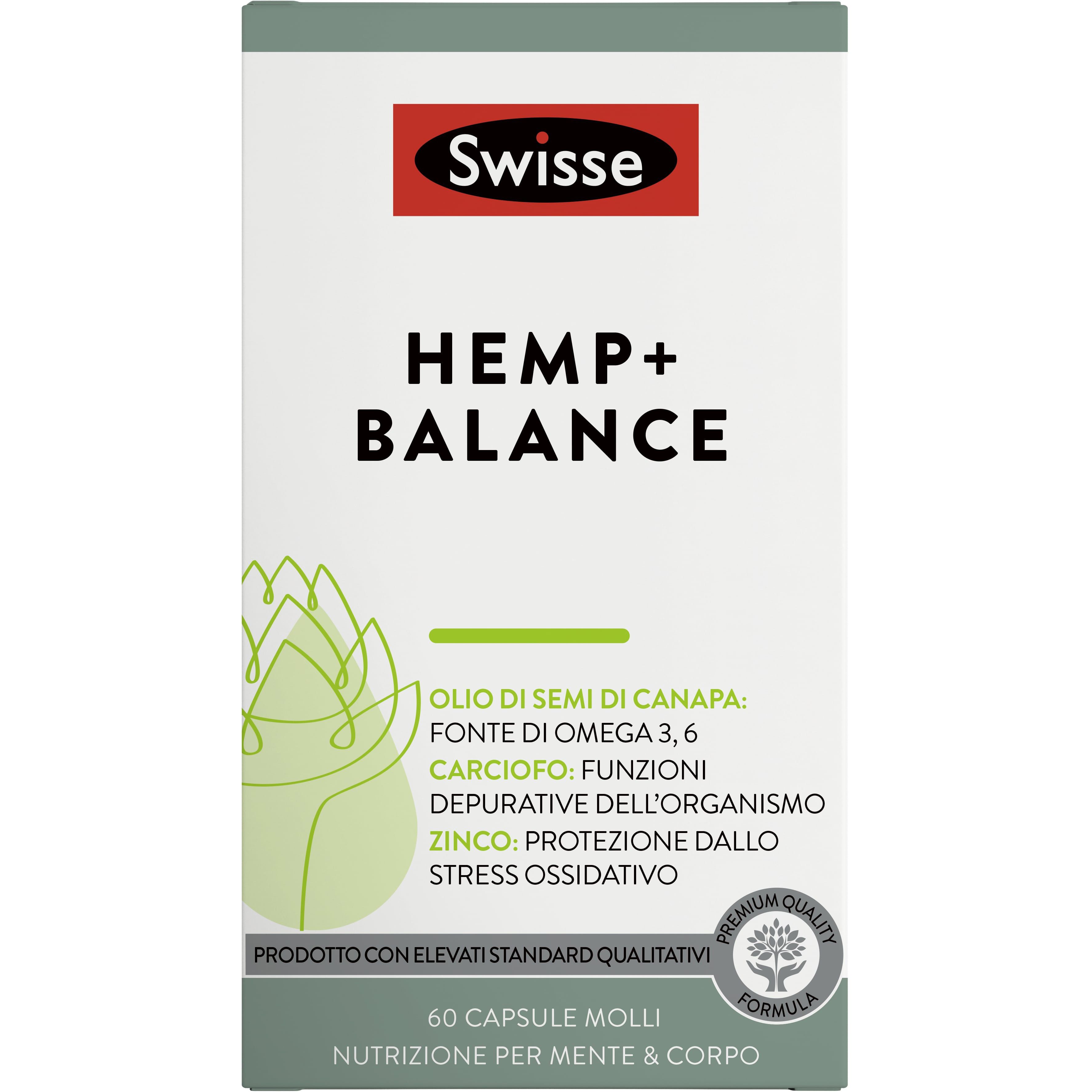 Scatola Swisse HEMP+ BALANCE. Scritta: 60 capsule molli. Confezione verde e bianca.