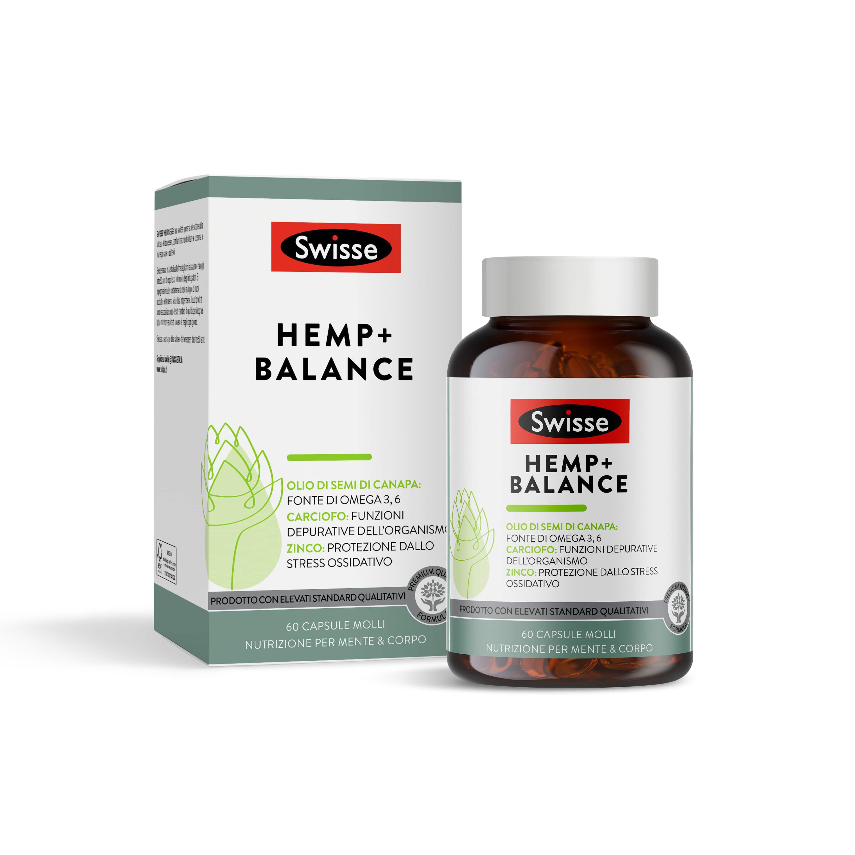 Confezione e flacone Swisse HEMP+ BALANCE. 60 capsule molli. Confezione verde e bianca.