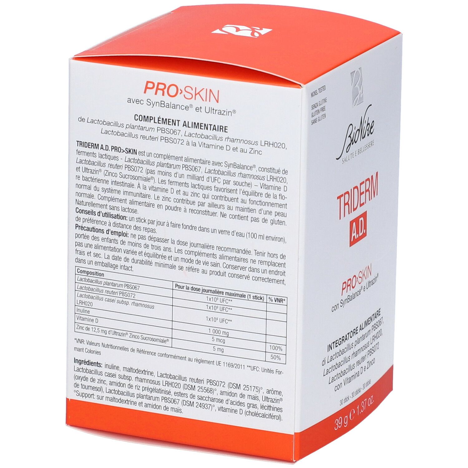 Retro confezione BioNike TRIDERM A.D. Pro Skin. Testo multilingue. Contiene informazioni su ingredienti e utilizzo.