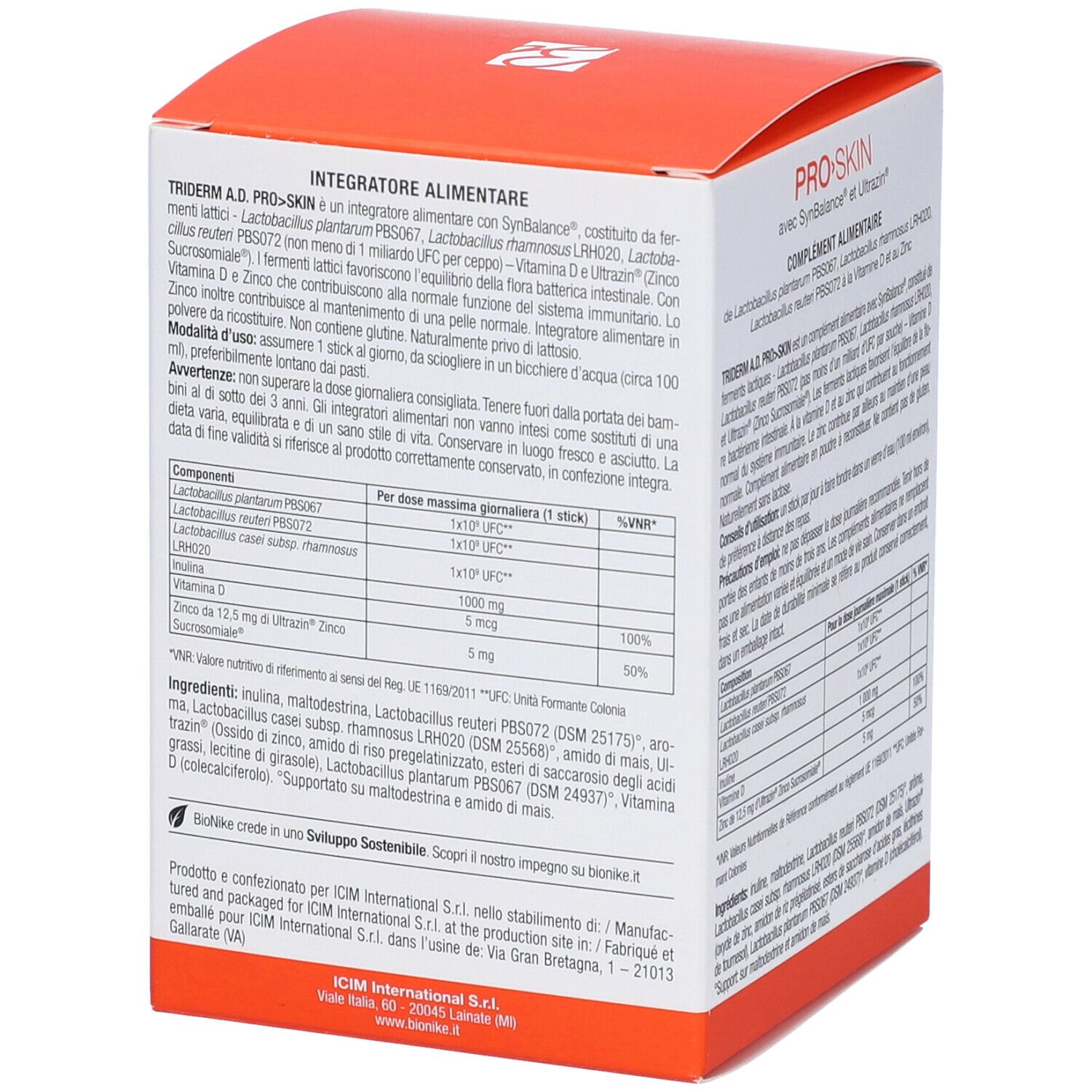 Confezione BioNike TRIDERM A.D. Pro Skin. Vista dettagliata con informazioni sugli ingredienti e tabella nutrizionale. Testo multilingue.