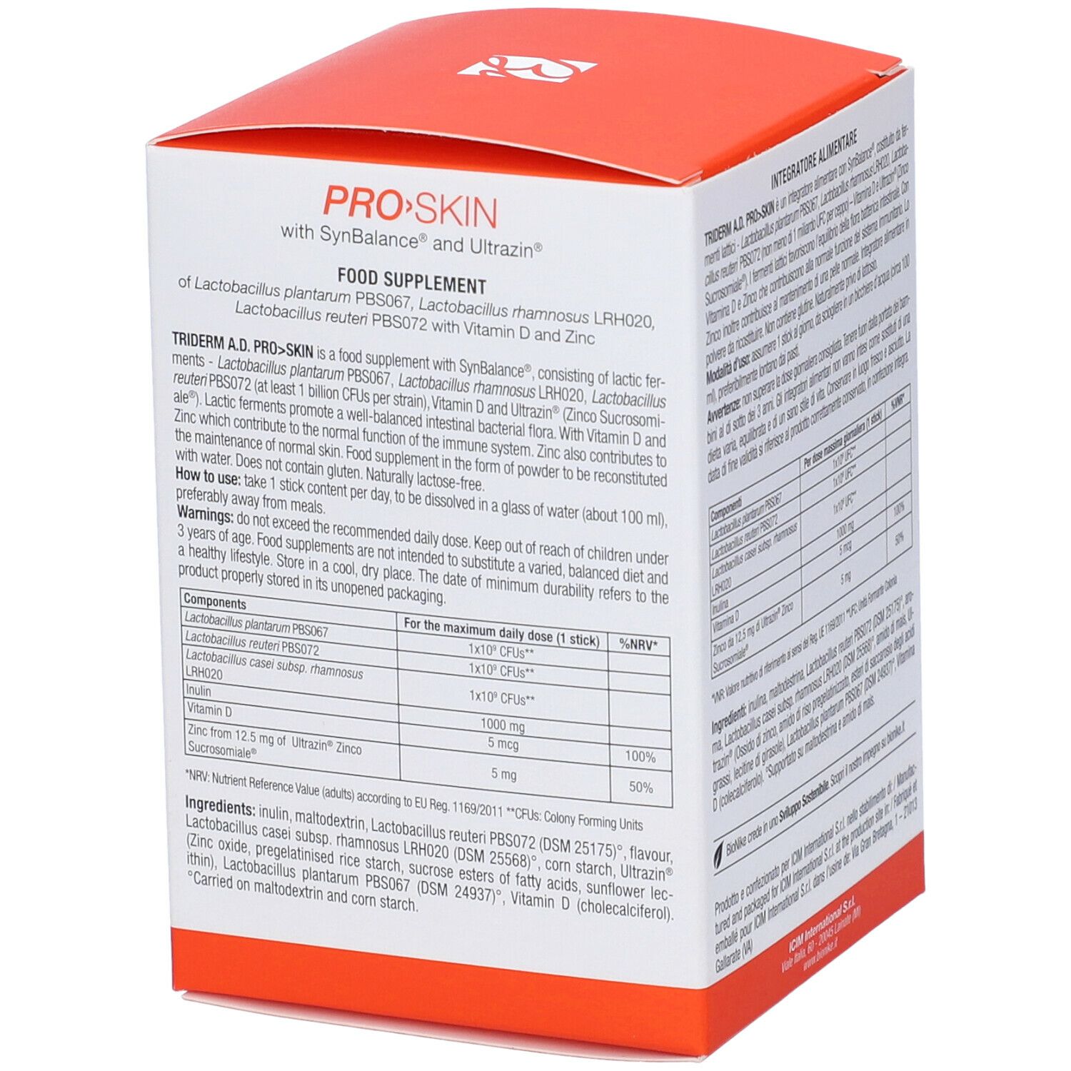 Confezione BioNike TRIDERM A.D. Pro Skin. Vista dettagliata con informazioni sugli ingredienti e tabella nutrizionale. Testo multilingue.