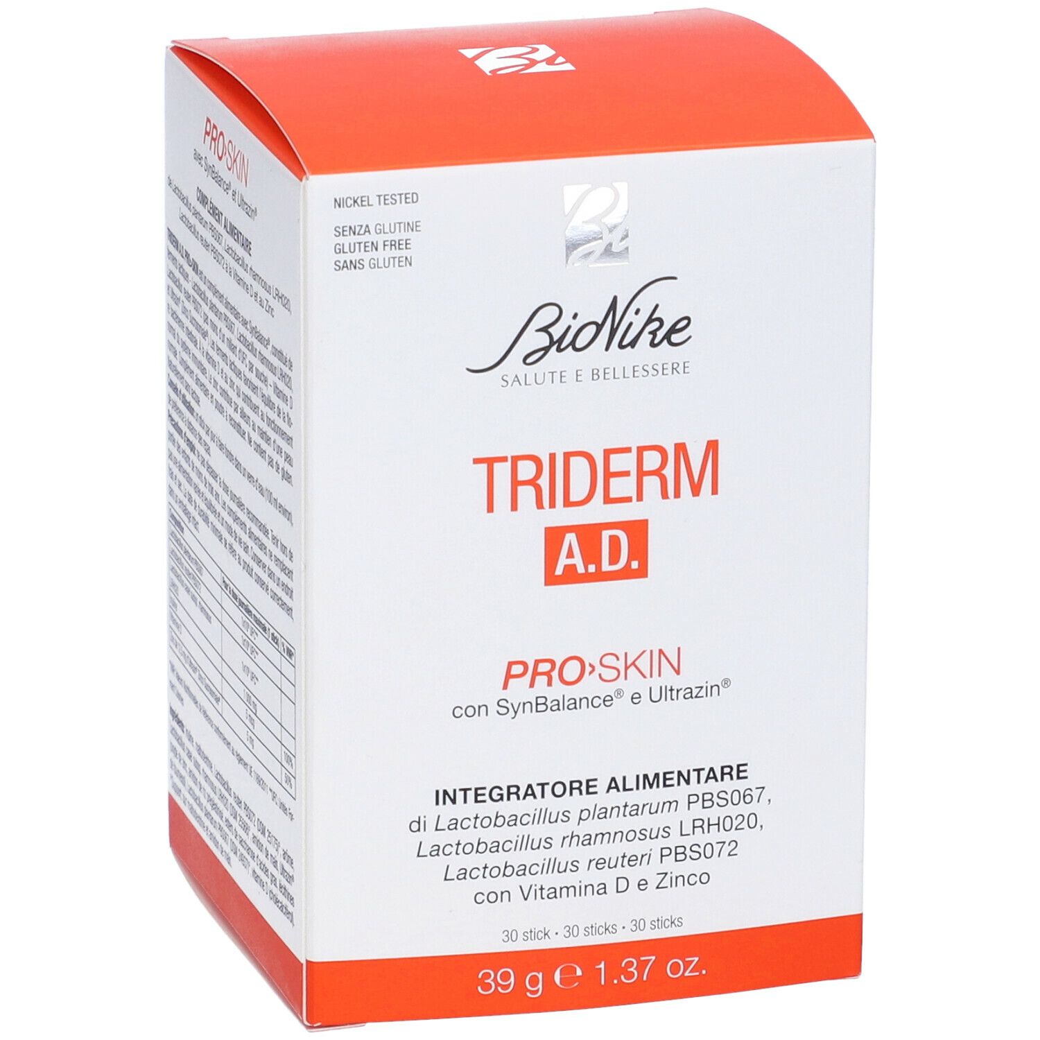 Confezione BioNike TRIDERM A.D. Pro Skin. Scatola bianca e arancione. Informazioni testuali sulla confezione.