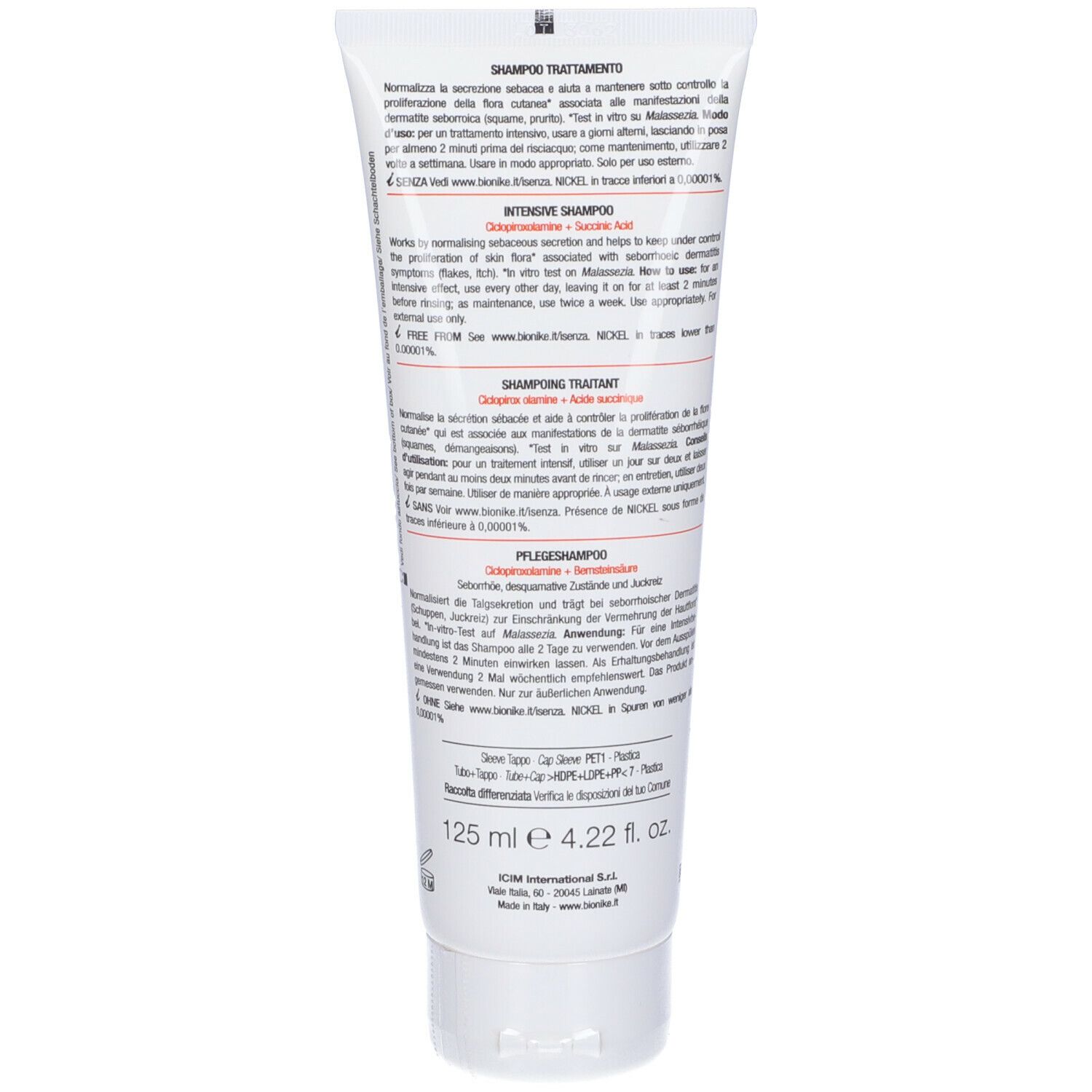Retro del tubo di shampoo. Testo multilingue. Contiene informazioni sull'uso e sugli ingredienti. 125 ml.