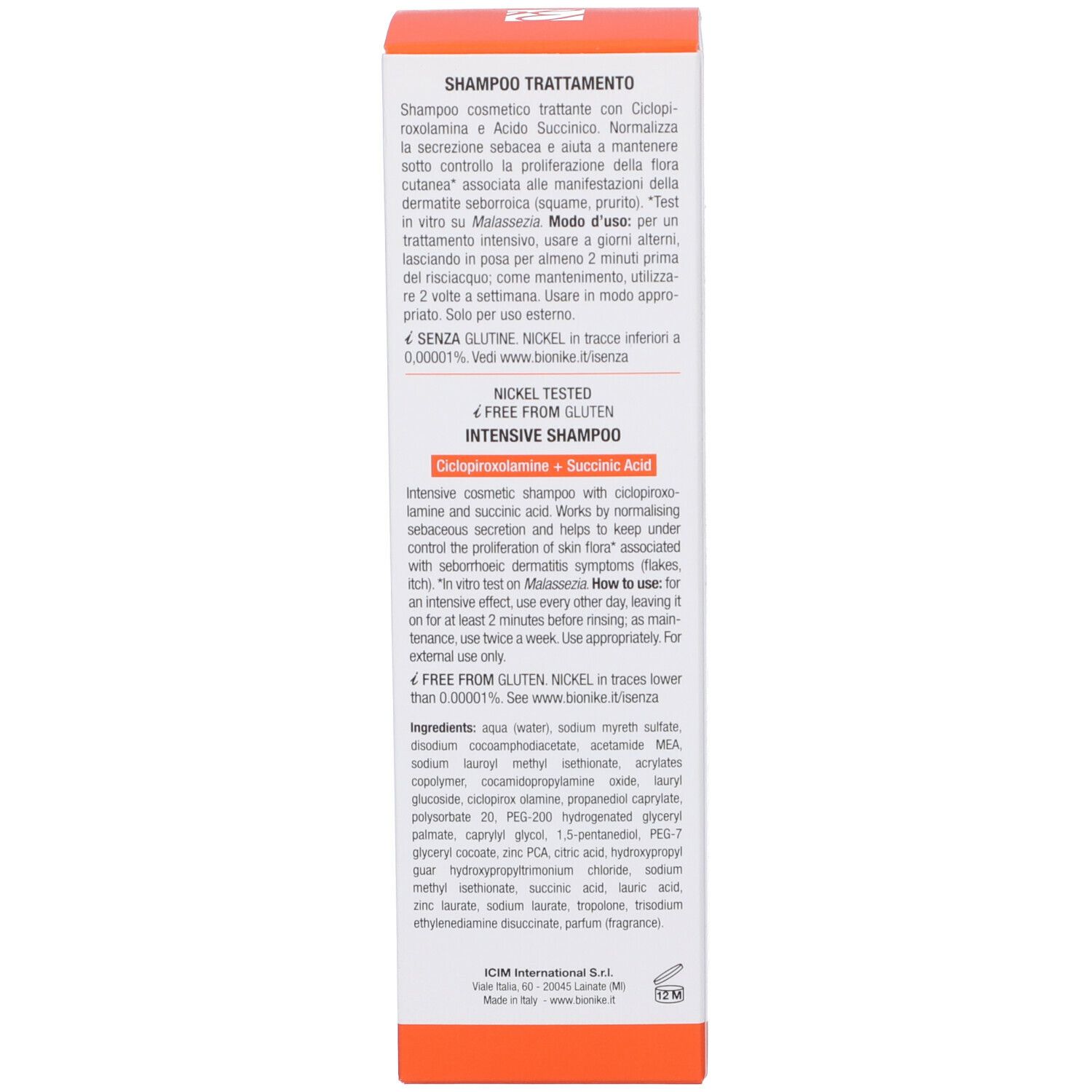 Lato della scatola con testo. Contiene informazioni sul trattamento shampoo, ingredienti e utilizzo. Accento arancione.