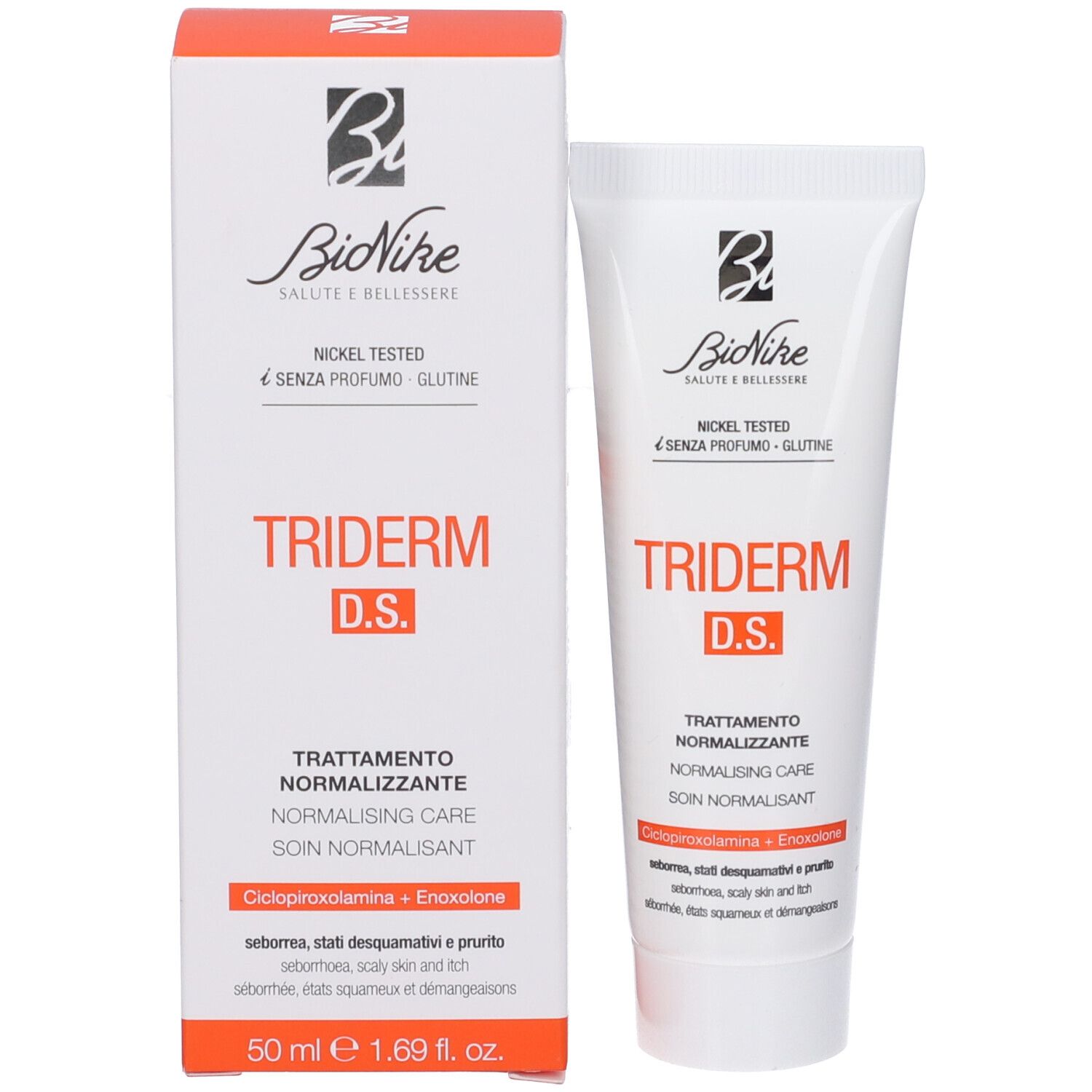 Produktverpackung mit Tube. Aufschrift: TRIDERM D.S. Creme. Marke: BioNike. Nickel Tested. 50 ml.