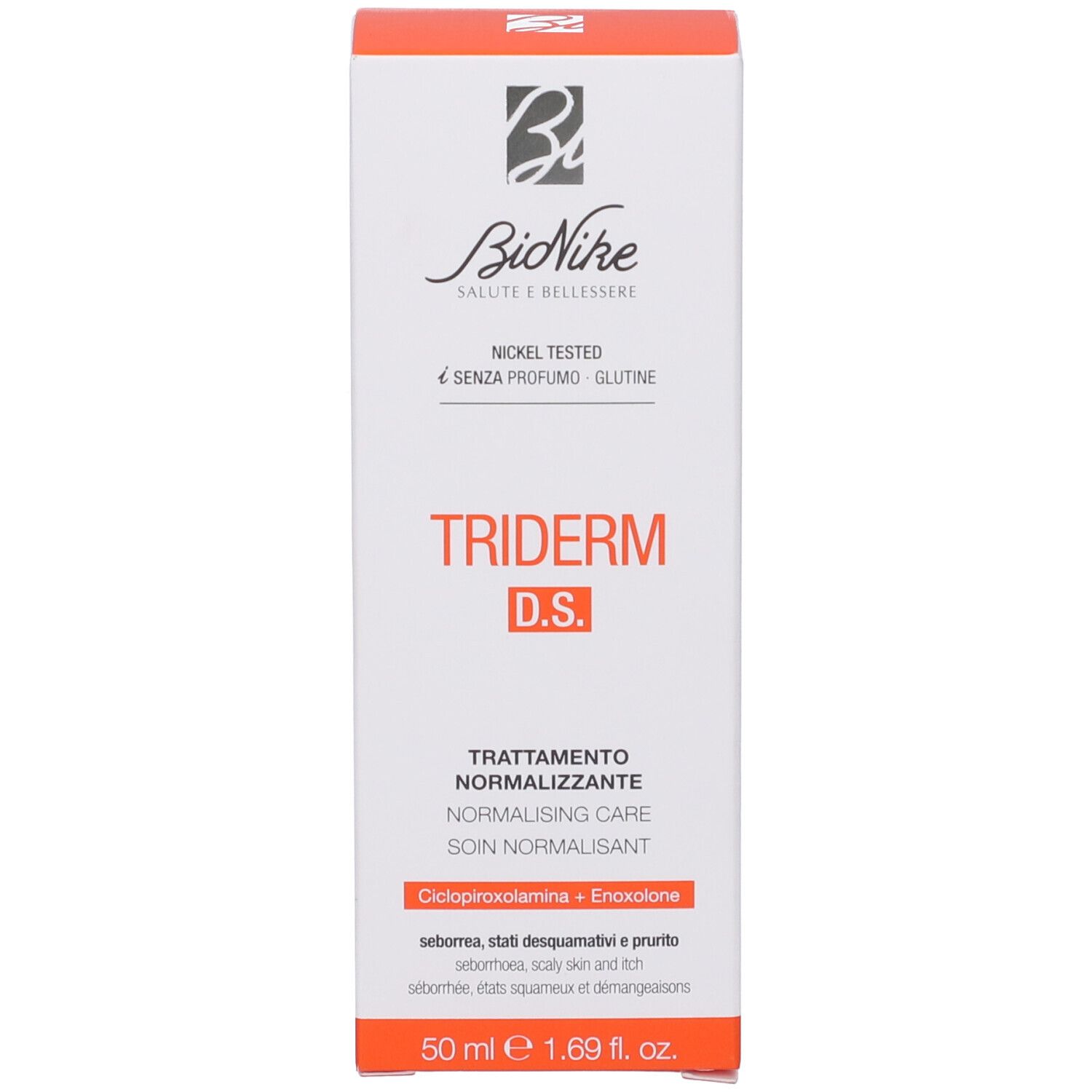Produktverpackung. Aufschrift: TRIDERM D.S. Creme. Marke: BioNike. Nickel Tested. 50 ml.