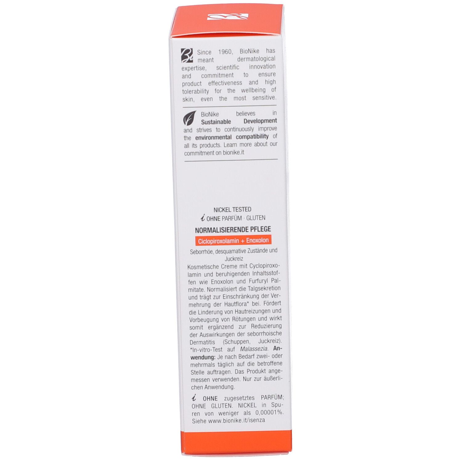 Produktverpackung, Seitenansicht. Text in mehreren Sprachen. Enthält Informationen zum Produkt und Inhaltsstoffen.